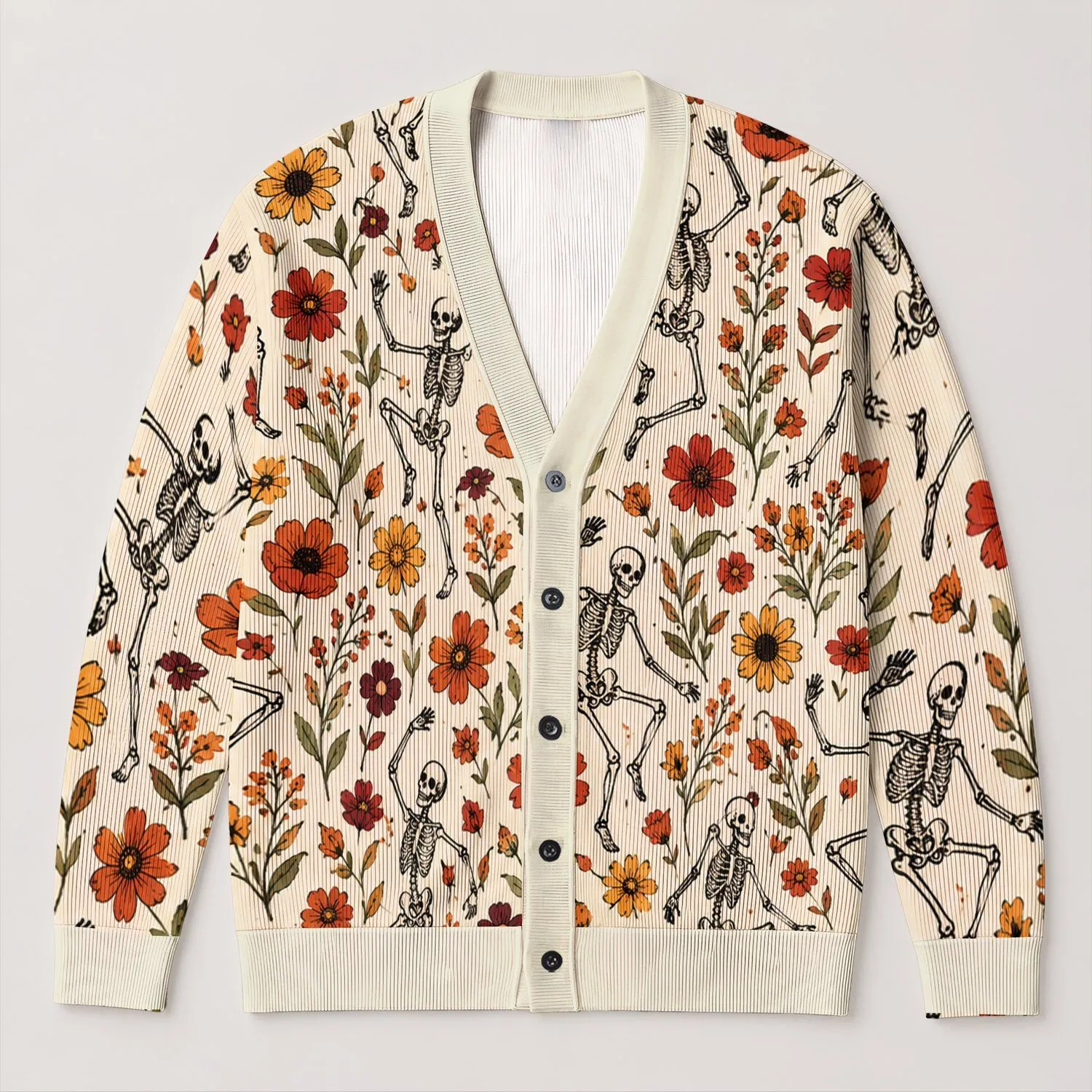 Dancing Skeletons And Autumn Wildflowers For Playful Everyday Layering All-over Print Knitted Cardigan - 1