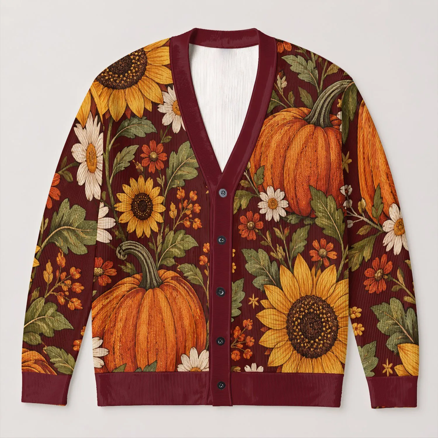 Sunflowers, Daisies & Harvest Pumpkins for Cozy Autumn Outings and Seasonal Layering All-over Print Knitted Cardigan - 1