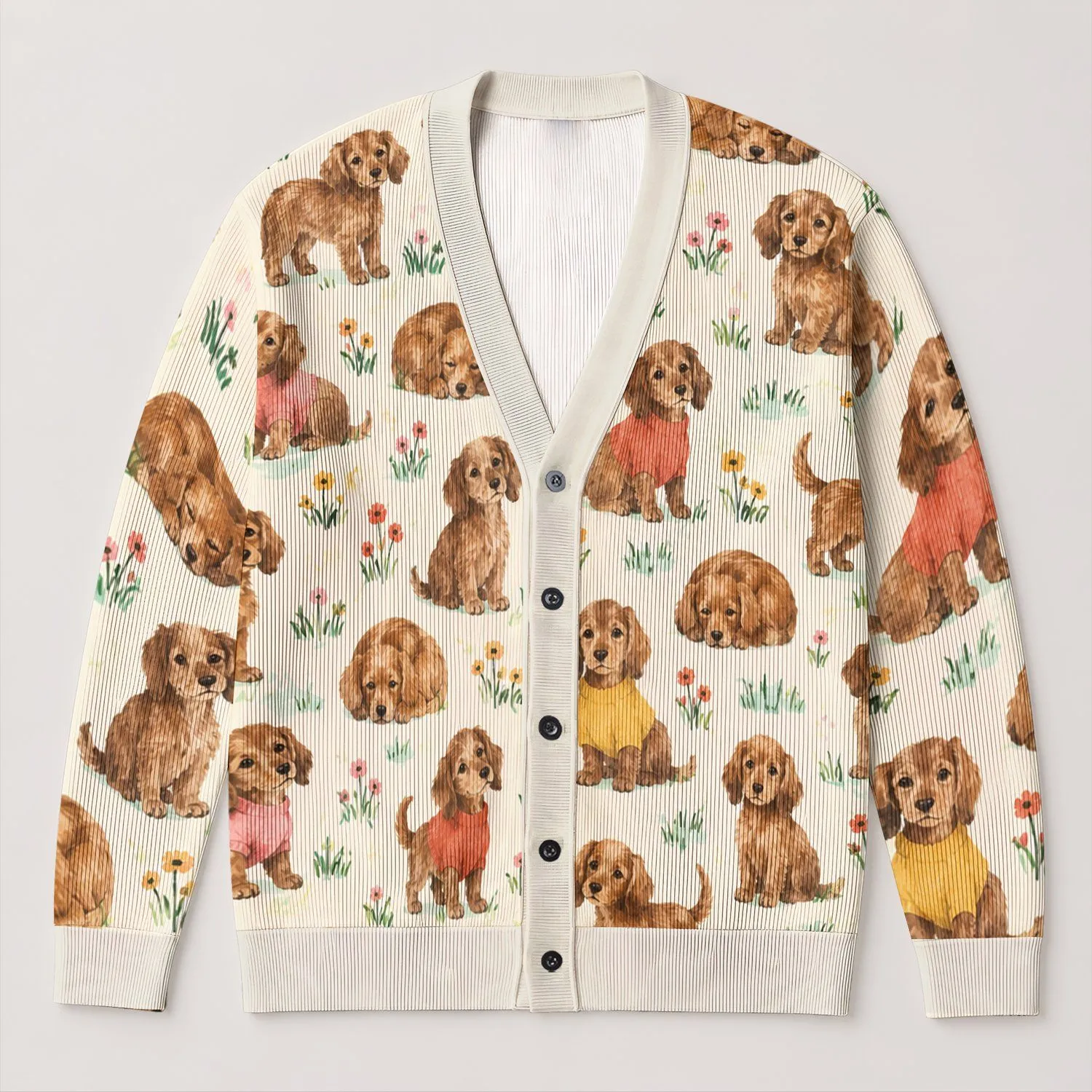 Charming Puppy Companions for Cozy Everyday Outings and Relaxed Weekend Lifestyle Wear All-over Print Knitted Cardigan - 1