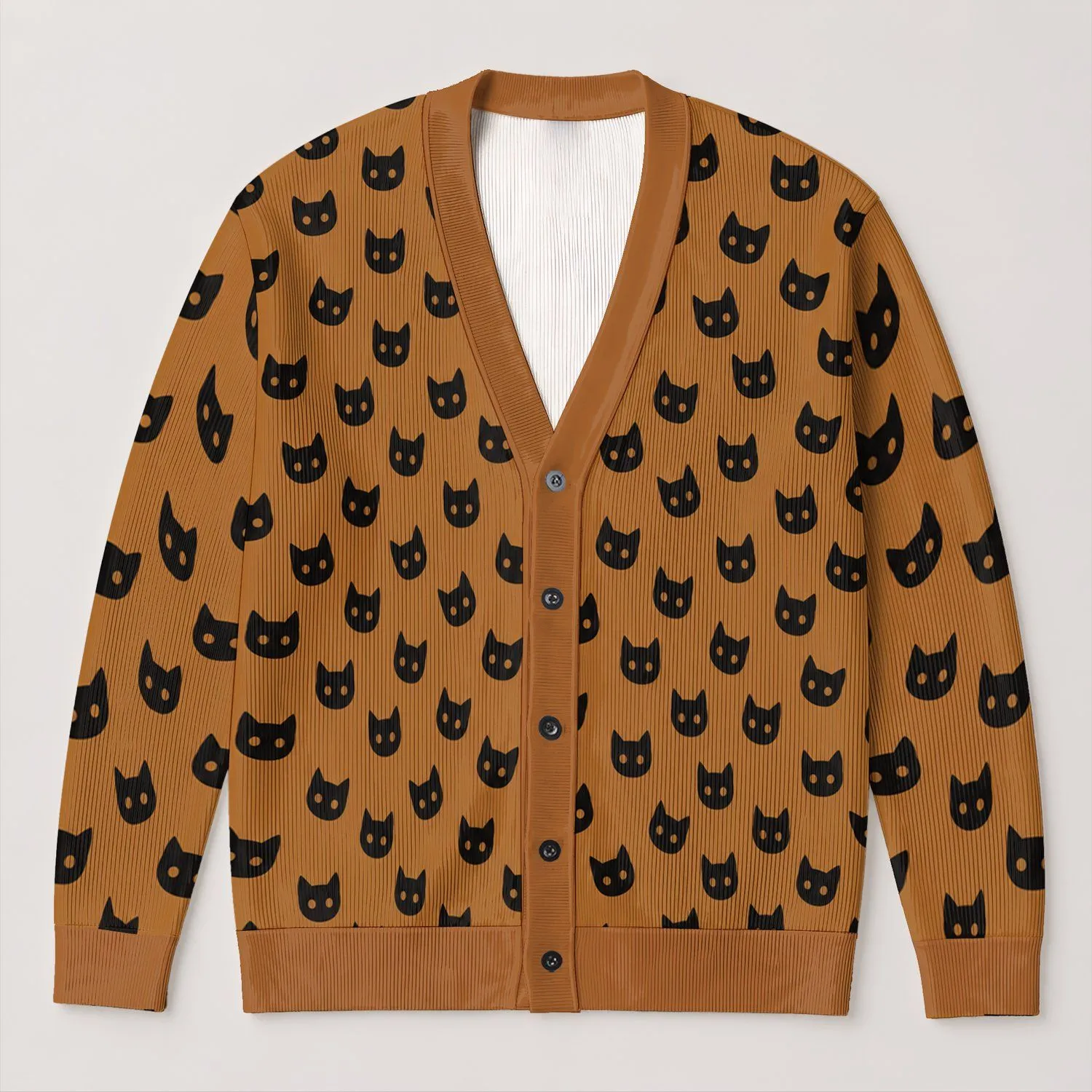 Black Cat Faces on Caramel for Cozy Autumn Outfits and Everyday Layering All-over Print Knitted Cardigan - 1