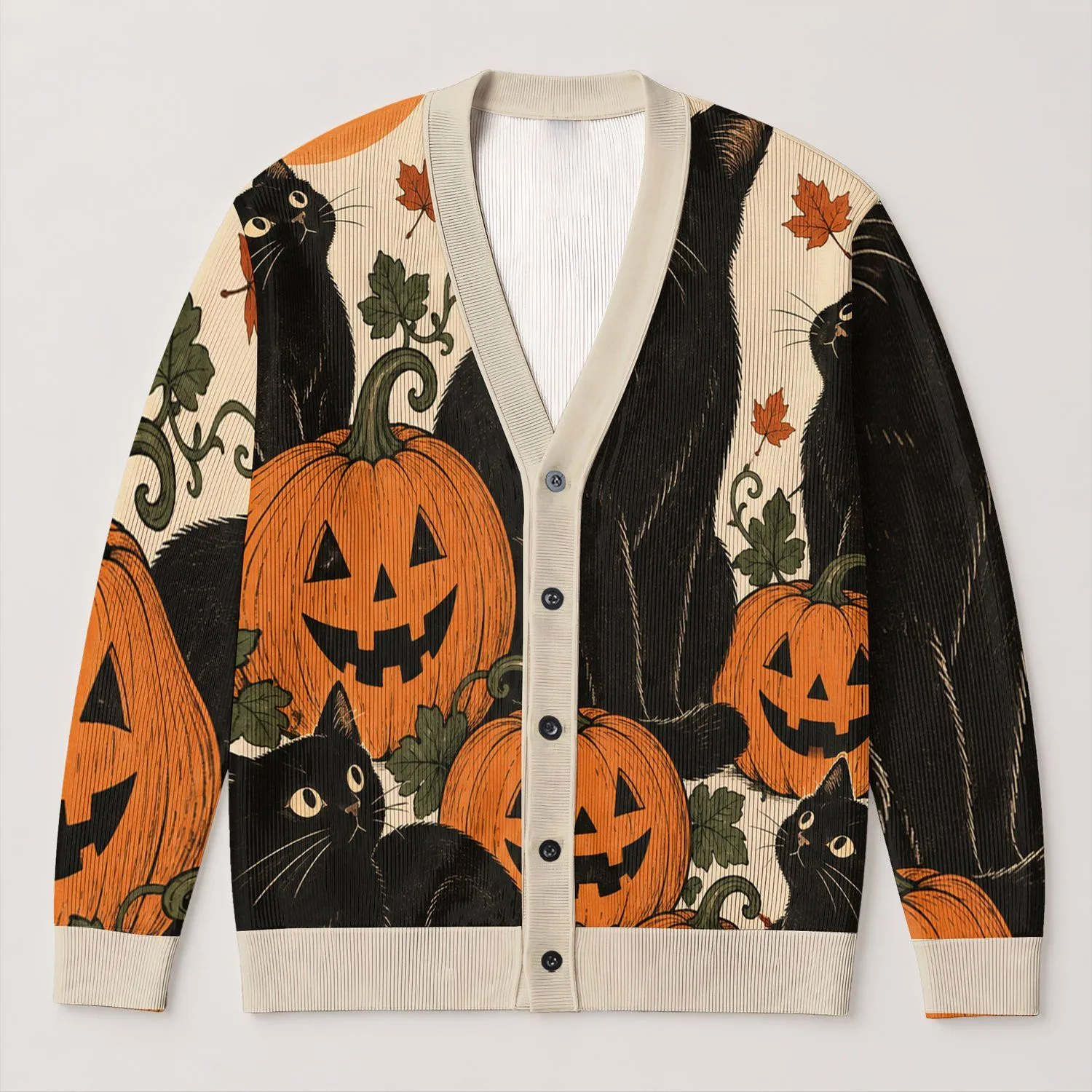 Black Cats and Jack-o’-Lanterns for Cozy Halloween Autumn Gatherings and Seasonal Style All-over Print Knitted Cardigan - 1