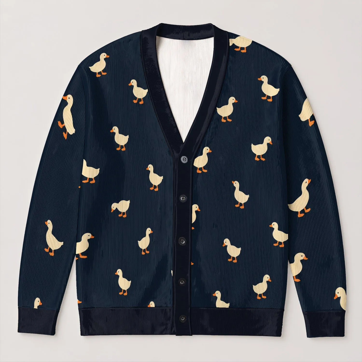 Cream and Orange Ducks for Relaxed Weekend Outings and Easy Everyday Country Style All-over Print Knitted Cardigan - 1
