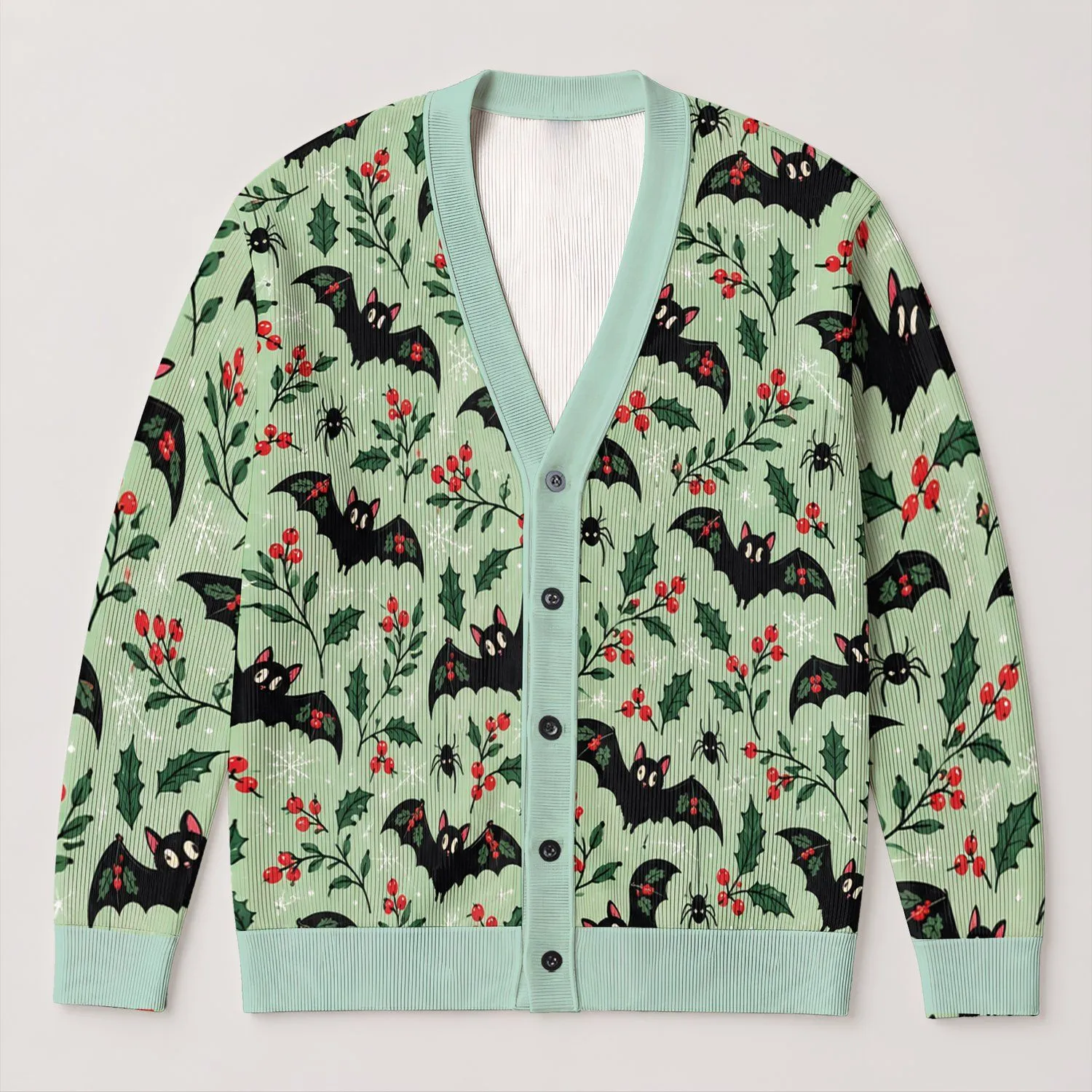 Mint Green Bats And Holly For Cozy Halloween Nights And Wintertime Layering For Women All-over Print Knitted Cardigan - 1