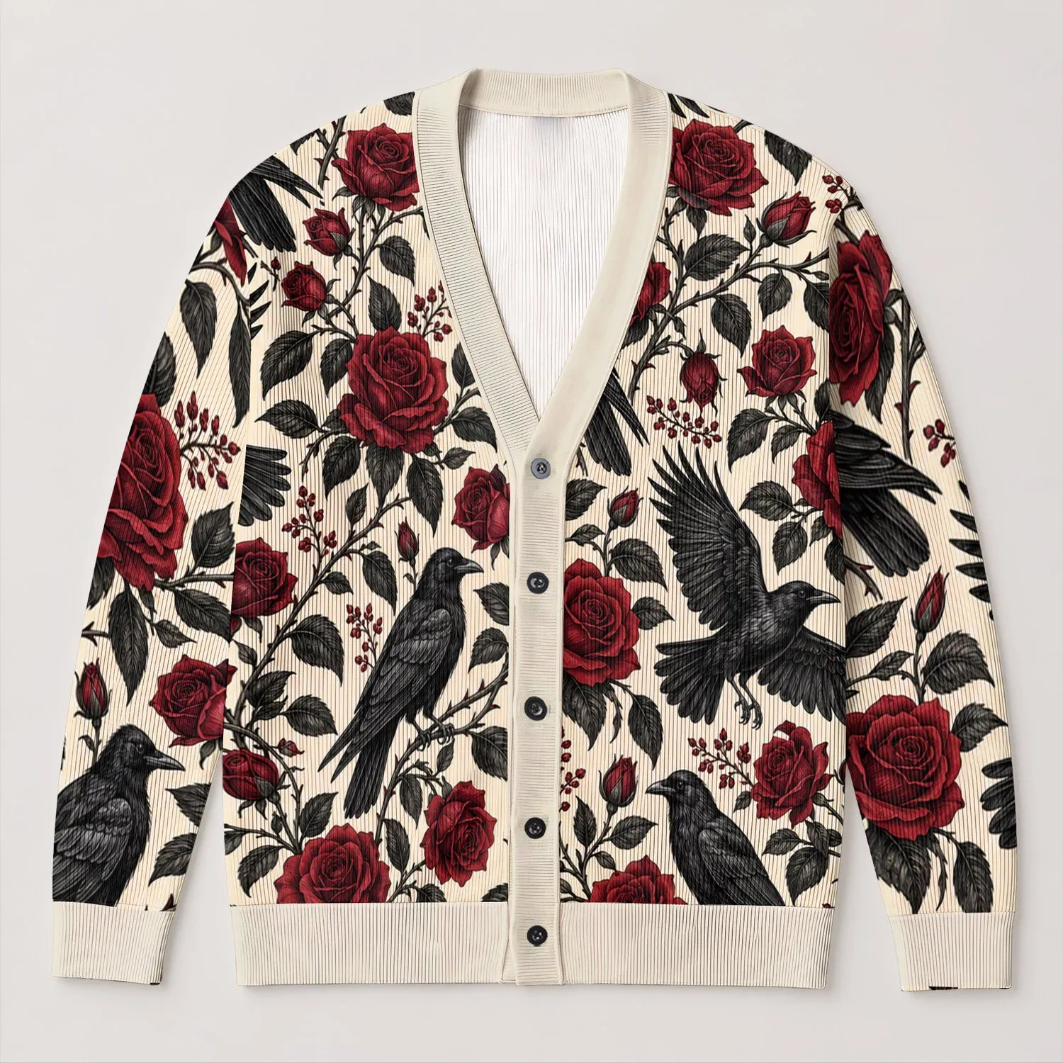 Black Ravens and Burgundy Roses for Romantic Everyday Style and Nature Lovers All-over Print Knitted Cardigan - 1