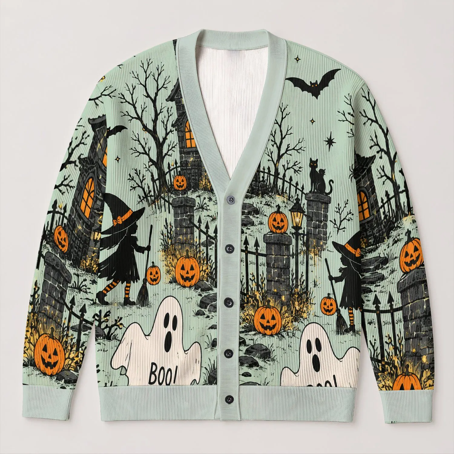 Halloween Ghosts, Bats and Pumpkins for Spooky Season Everyday Style for Women Fall All-over Print Knitted Cardigan - 1