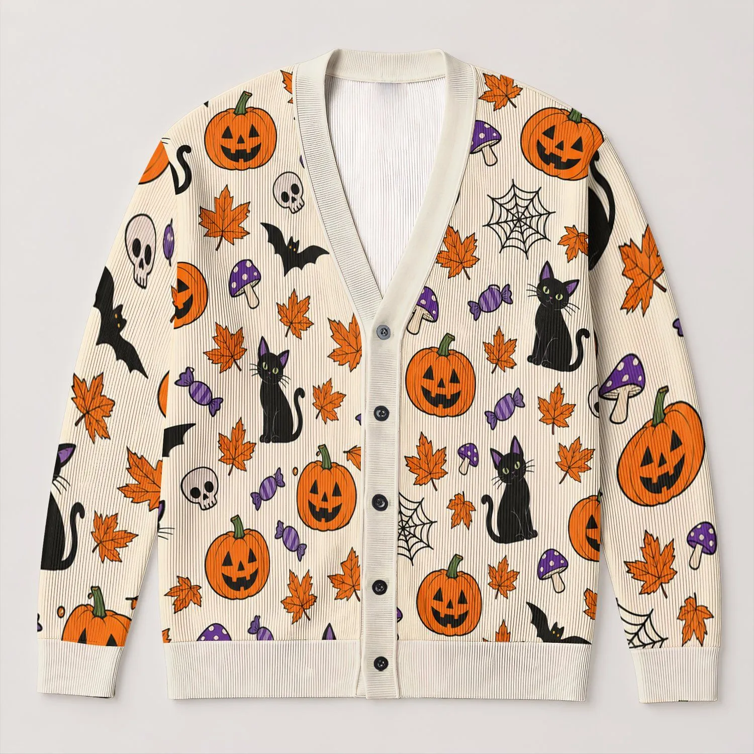 Halloween Pumpkins, Black Cat and Bats for Cozy Autumn Layering for Women All-over Print Knitted Cardigan - 1
