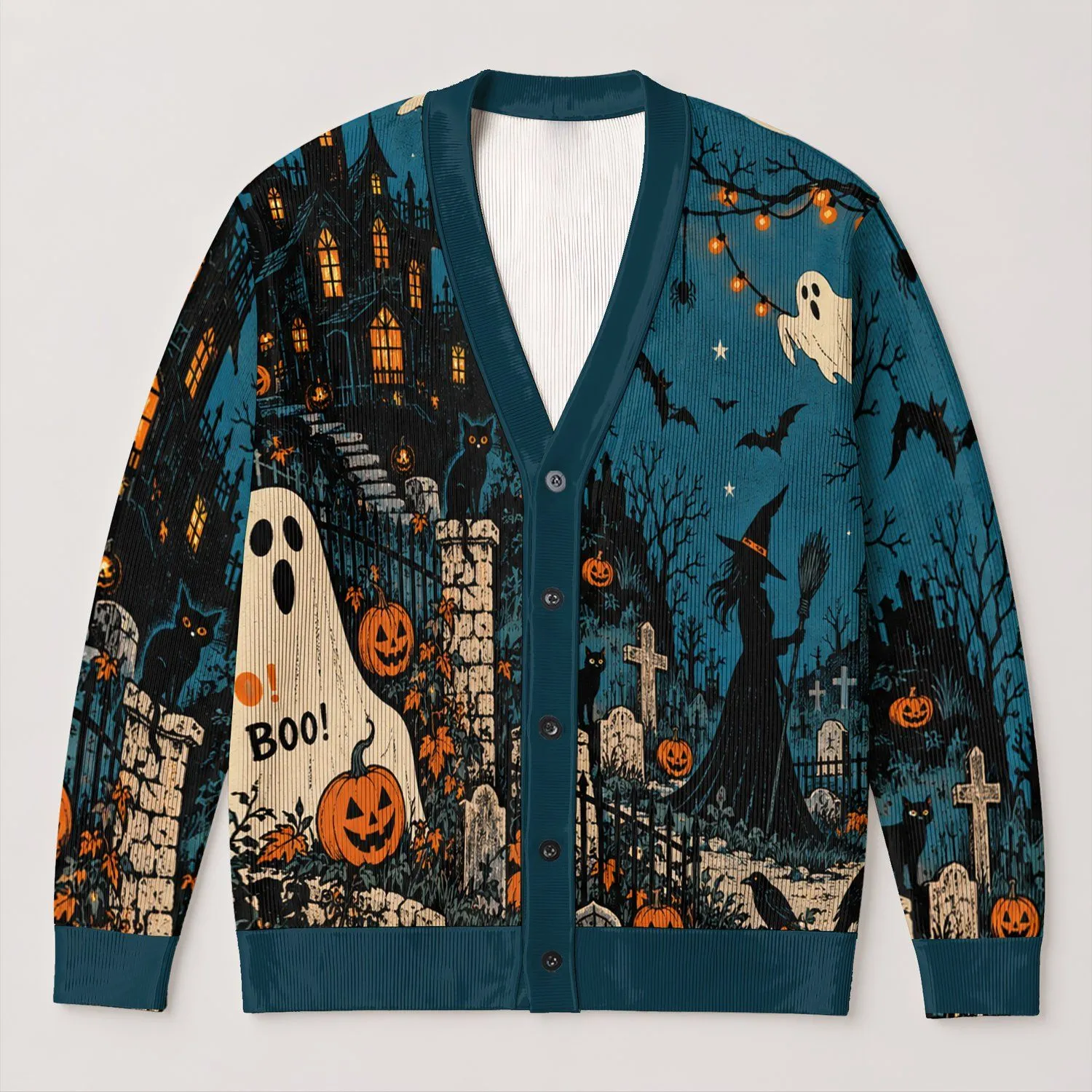 Haunted House Ghosts And Pumpkins For Halloween Night Festivities And Fall Fun All-over Print Knitted Cardigan - 1