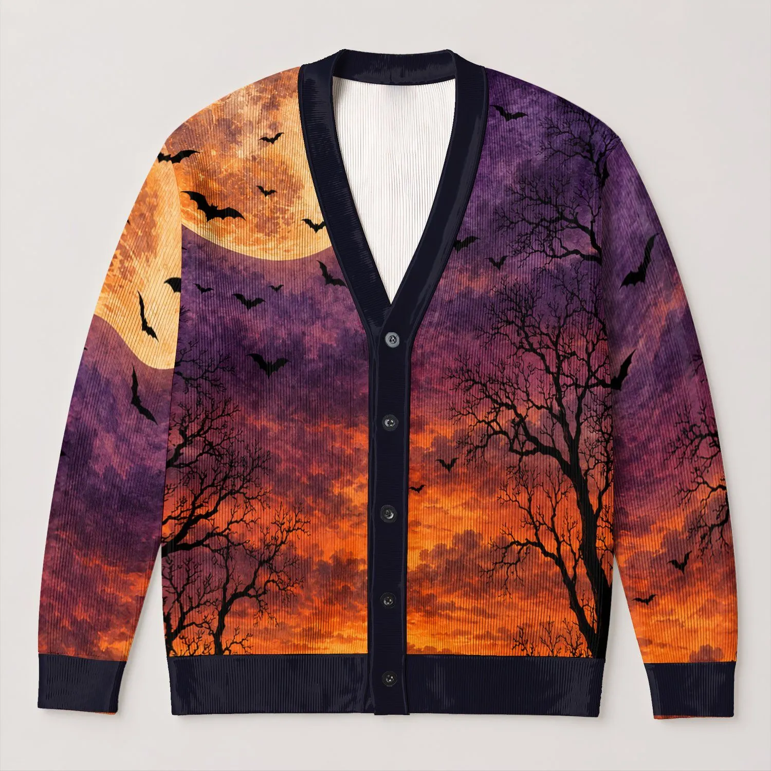 Golden Harvest Moon and Flying Bats for Spooky Autumn Evenings and Halloween Nights All-over Print Knitted Cardigan - 1