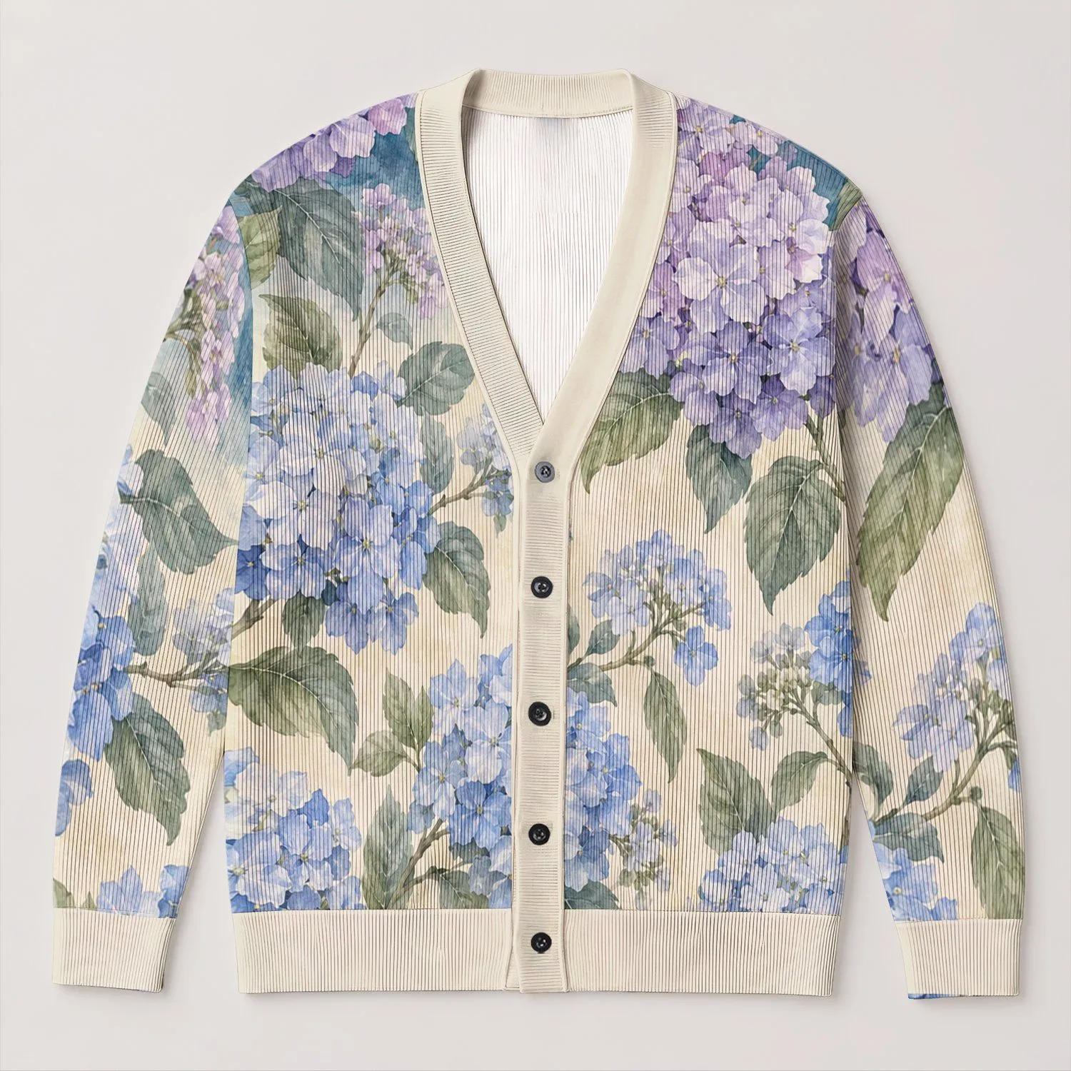 Watercolor Hydrangea Blooms for Cozy Fall Layering and Everyday Cottage Style Women All-over Print Knitted Cardigan - 1