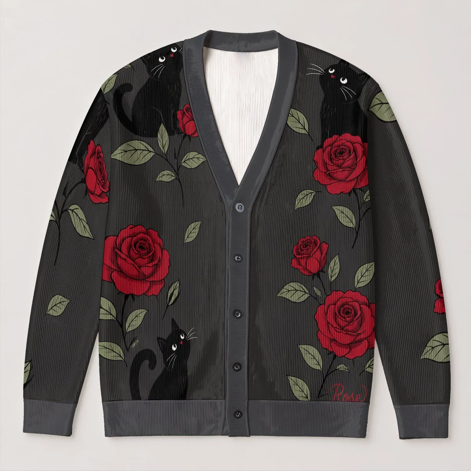 Black Cats and Crimson Roses for Cozy Autumn Days and Whimsical Everyday Style All-over Print Knitted Cardigan - 1