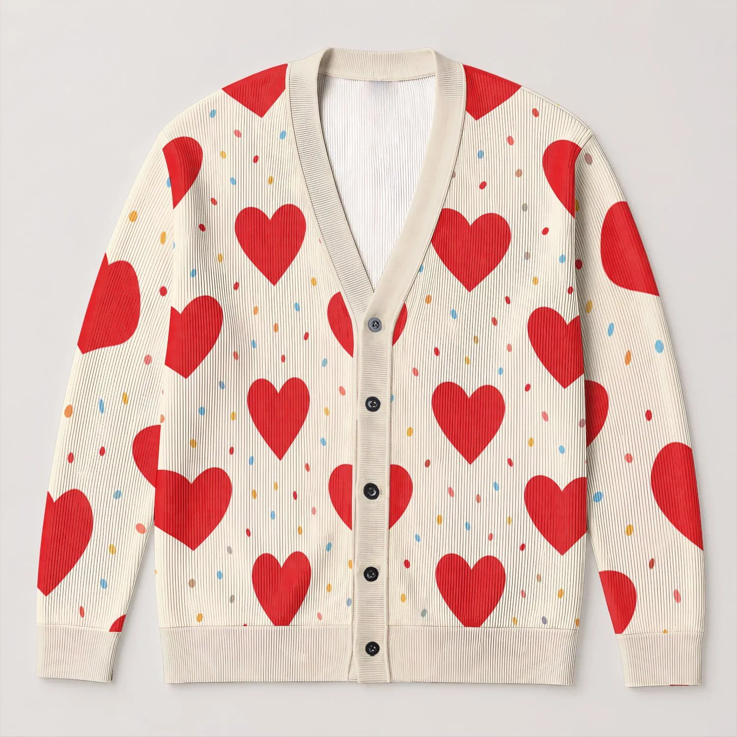 Red Heart And Colorful Fleck Motifs For Sweet Everyday Layering And Valentine Cheer All-over Print Knitted Cardigan - 1