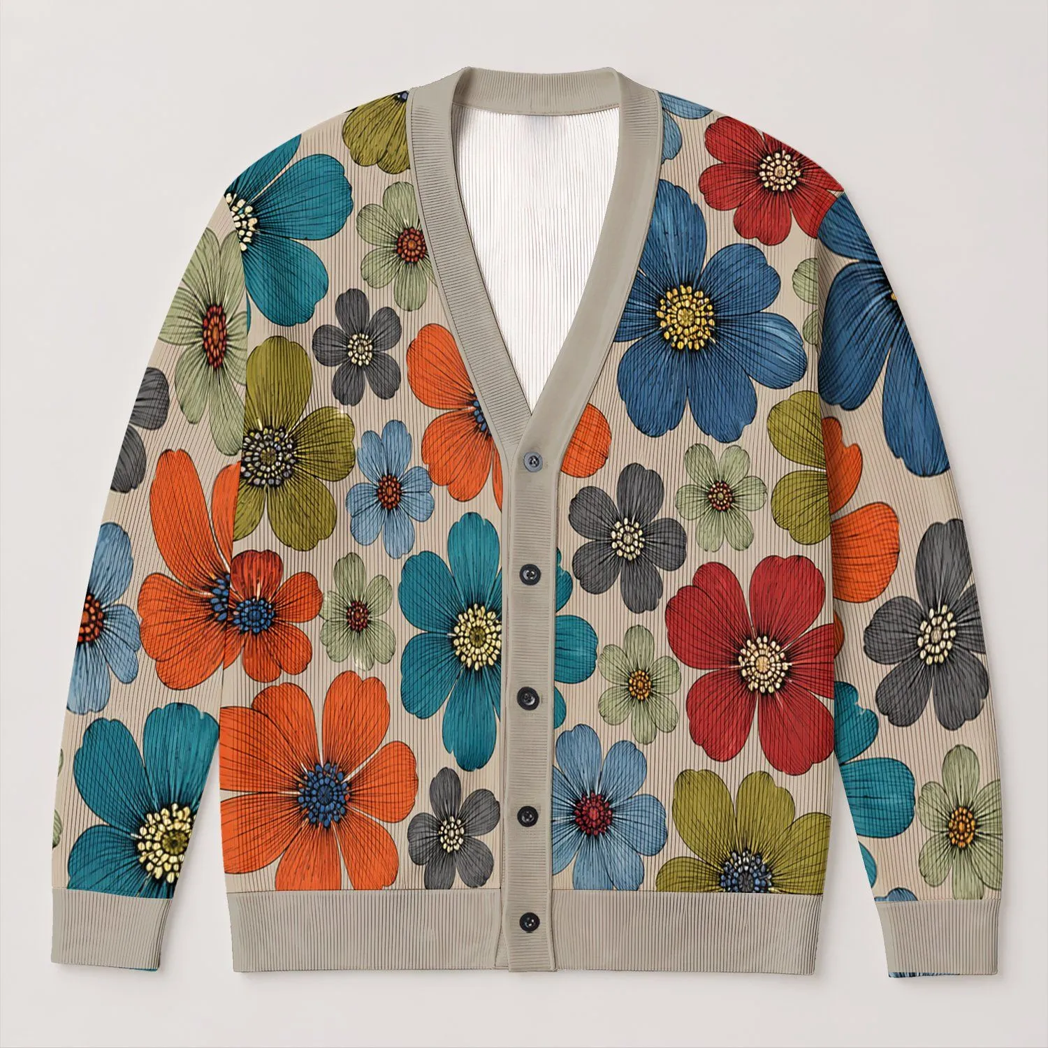 Colorful Folk Floral Blooms for Everyday Layering and Casual Style All-over Print Knitted Cardigan - 1