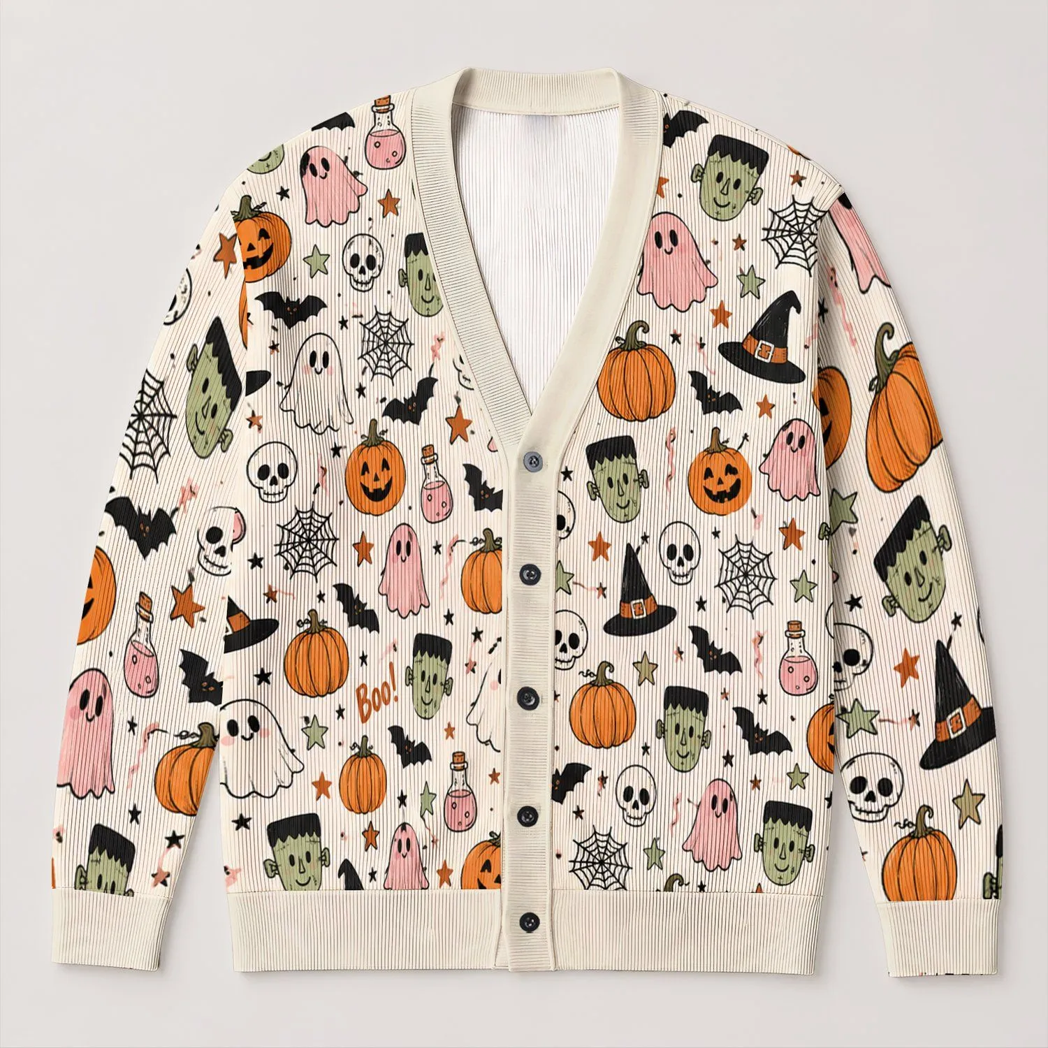 Cute Halloween Pumpkins, Ghosts and Bats for Cozy Autumn Everyday Wear for Women All-over Print Knitted Cardigan - 1