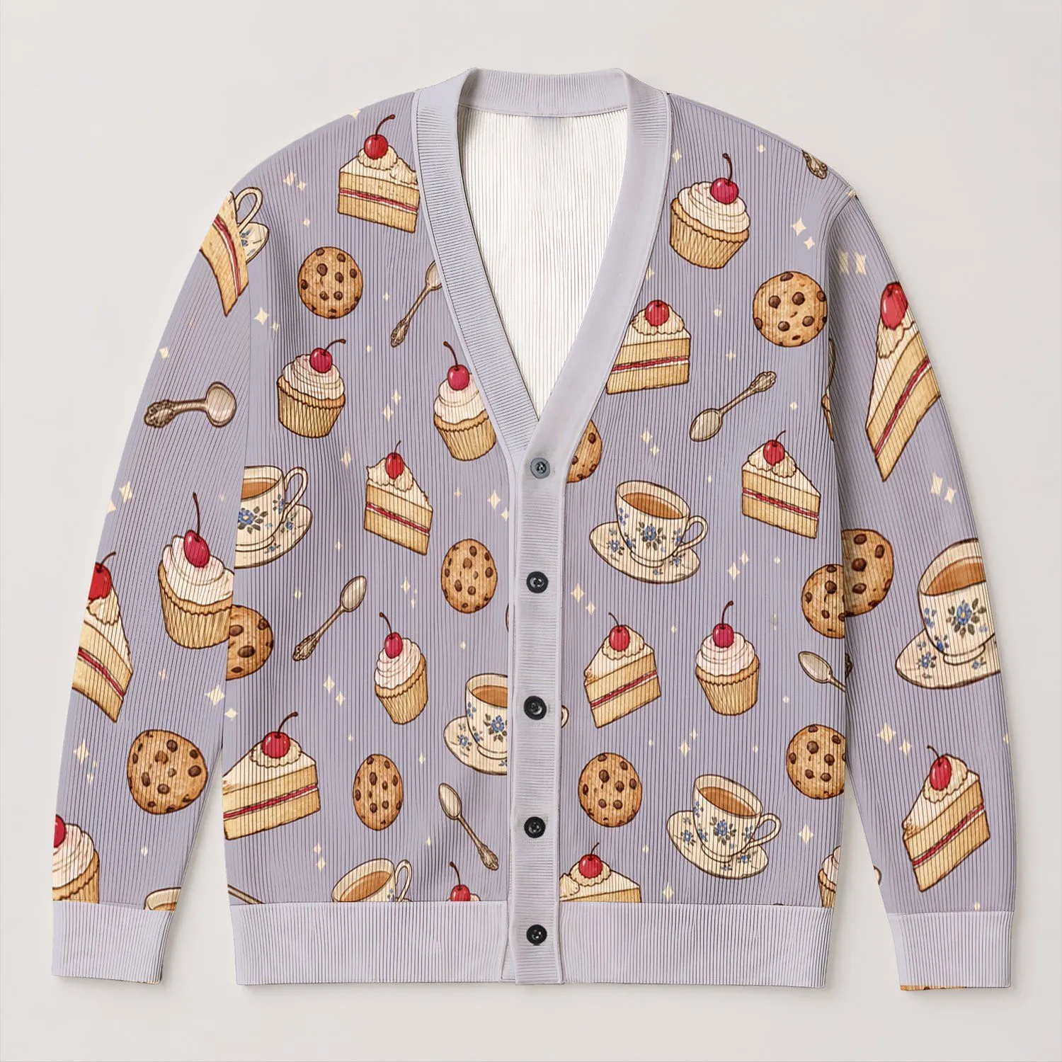 Tea Cups Cupcakes Cookies And Cake For Cozy Autumn Café Style All-over Print Knitted Cardigan - 1