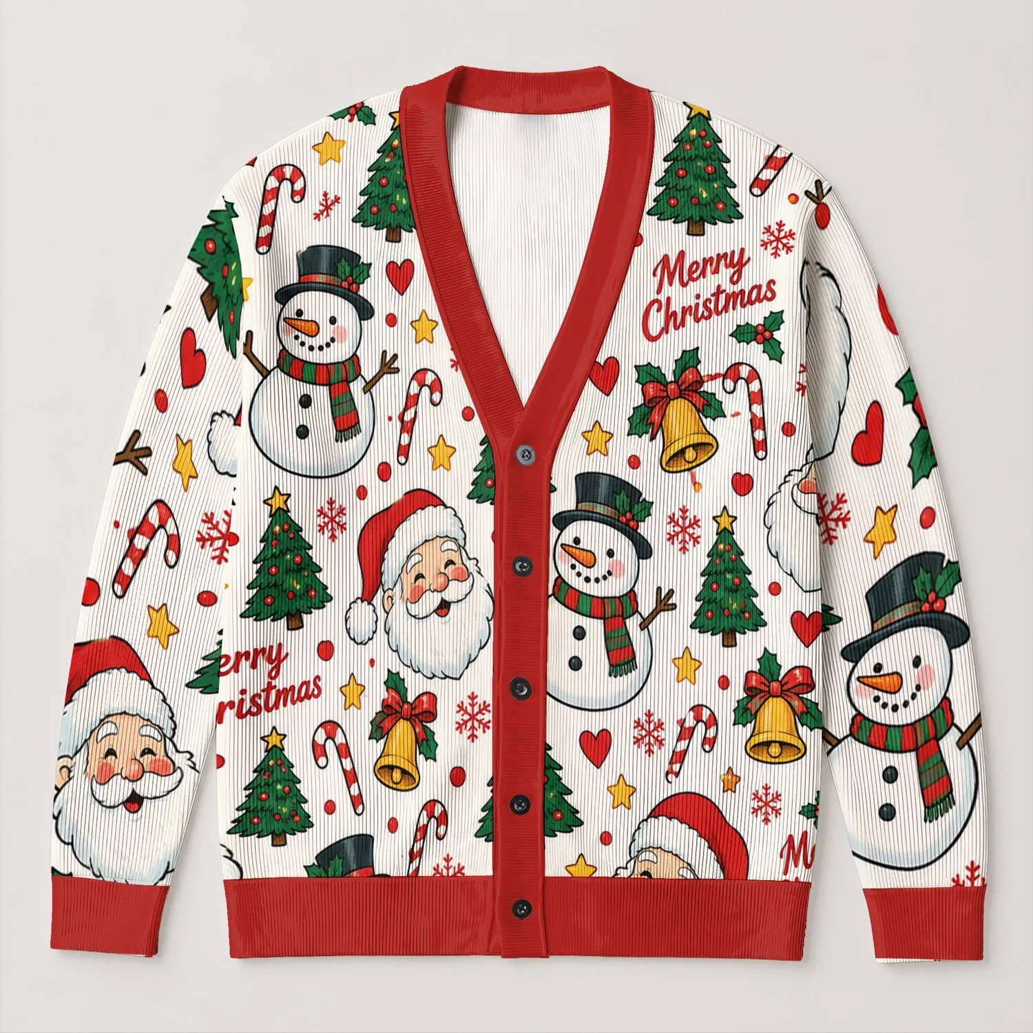 Santa Snowman Christmas Icons for Festive Holiday Parties and Cozy December Days for Women All-over Print Knitted Cardigan - 1