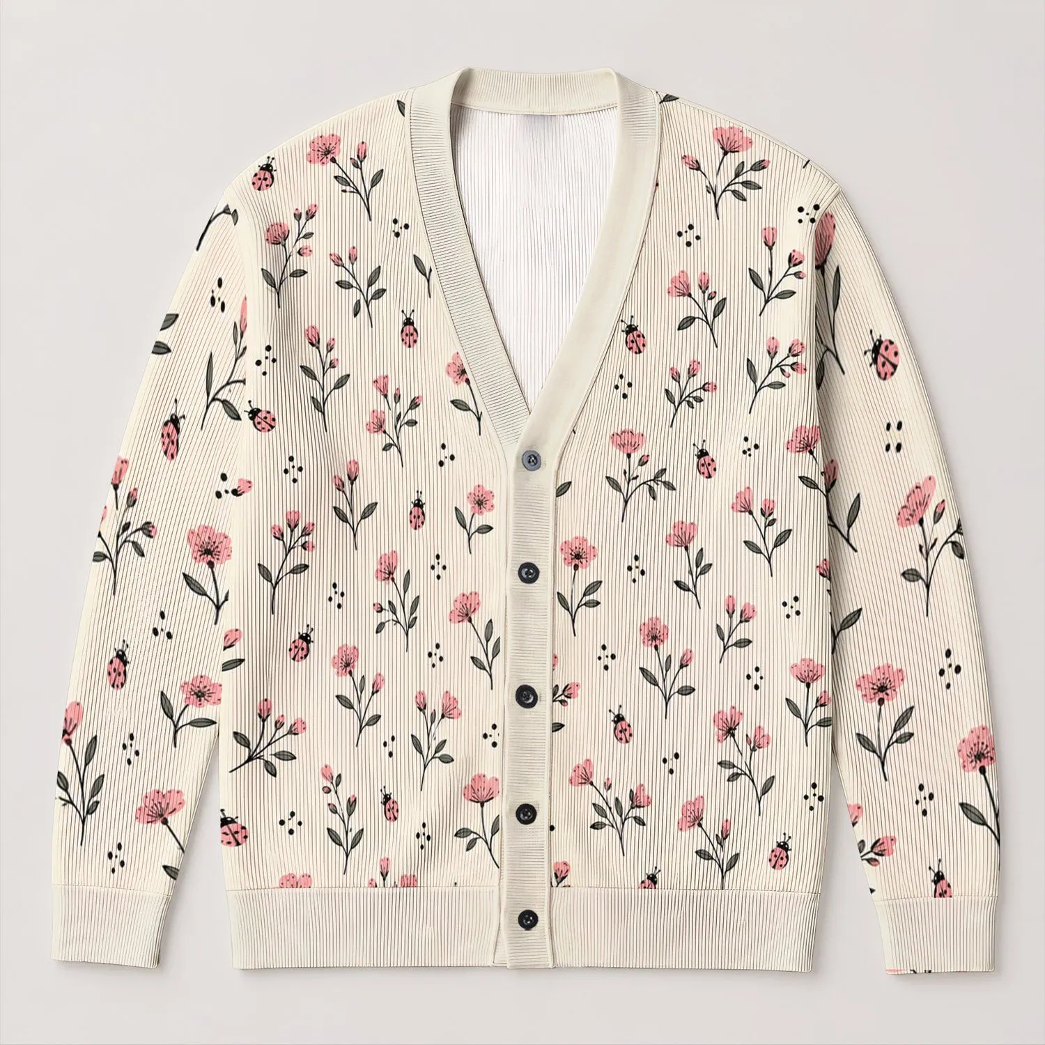 Blush Wildflower Ladybugs for Sweet Autumn Layering and Everyday Cottagecore Style All-over Print Knitted Cardigan - 1