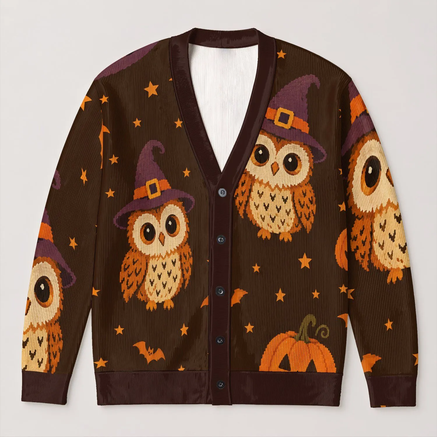 Witch Hat Owls and Jack-O’-Lanterns for Cozy Halloween Nights and Autumn Outings All-over Print Knitted Cardigan - 1