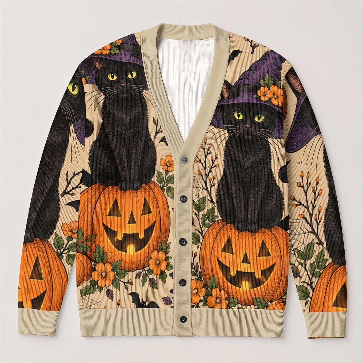 Witch Hat Black Cats and Jack-o'-Lanterns for Cozy Halloween Nights and Autumn Outings All-over Print Knitted Cardigan - 1