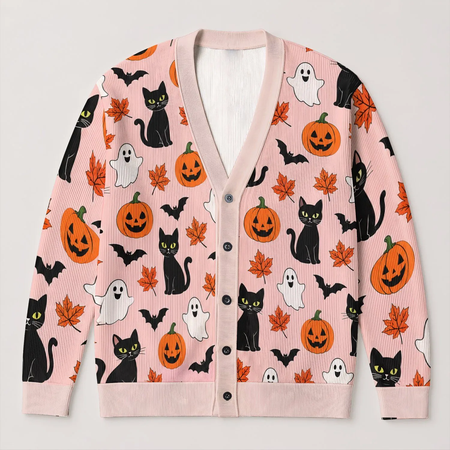 Halloween Cats, Ghosts and Pumpkins for Cozy Autumn Seasonal Layering All-over Print Knitted Cardigan - 1