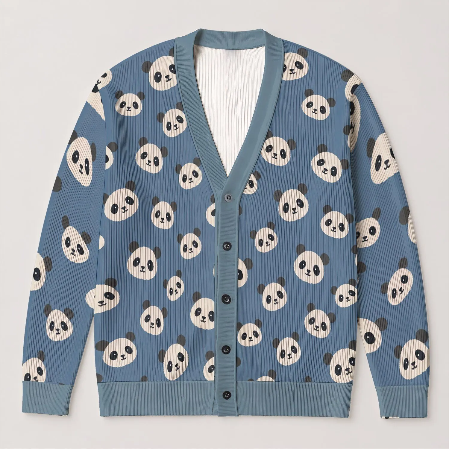 White Panda Faces on Slate Blue for Cozy Autumn Days and Casual Everyday Layering All-over Print Knitted Cardigan - 1