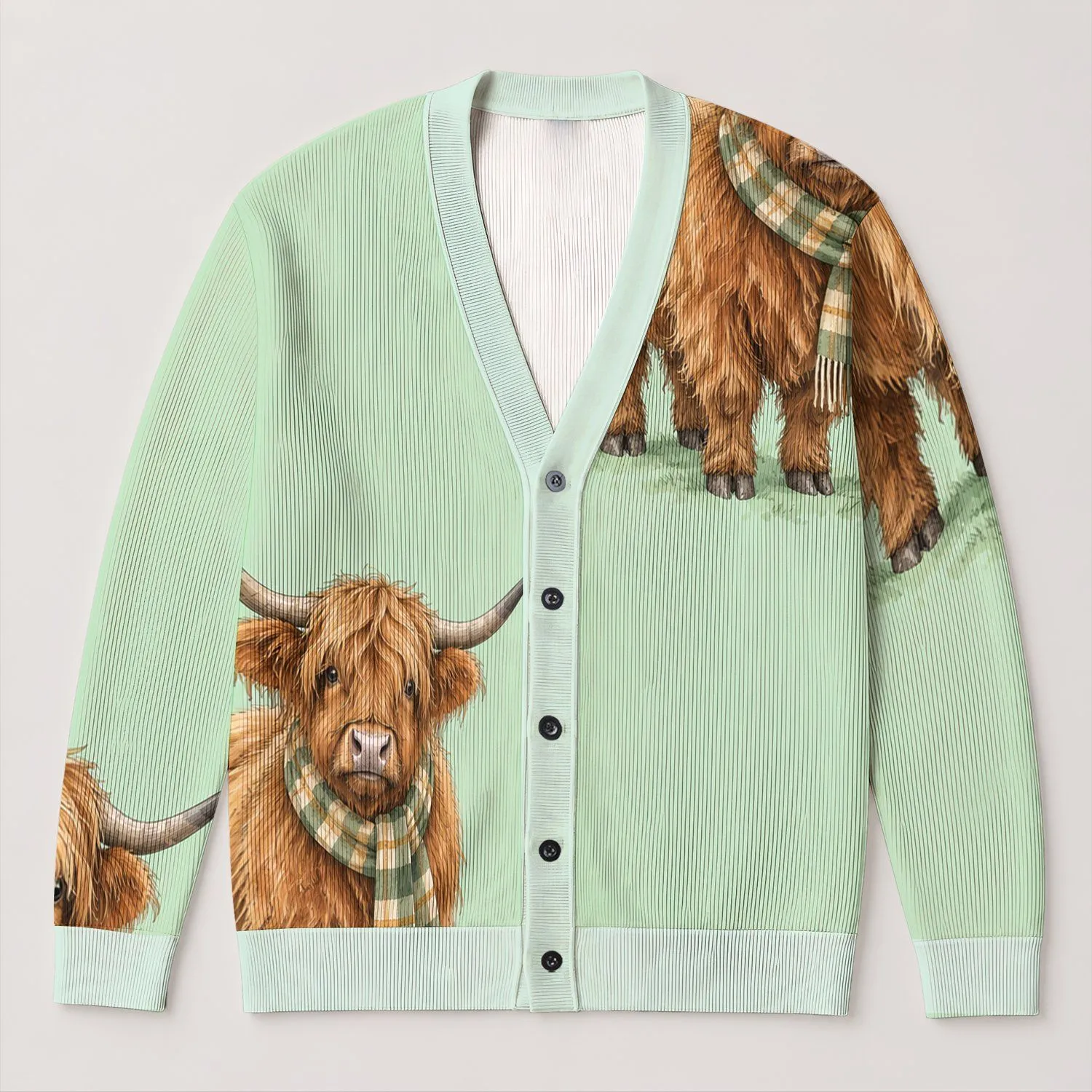 Watercolor Highland Cow Pair With Plaid Scarves For Cozy Countryside Everyday Style All-over Print Knitted Cardigan - 1