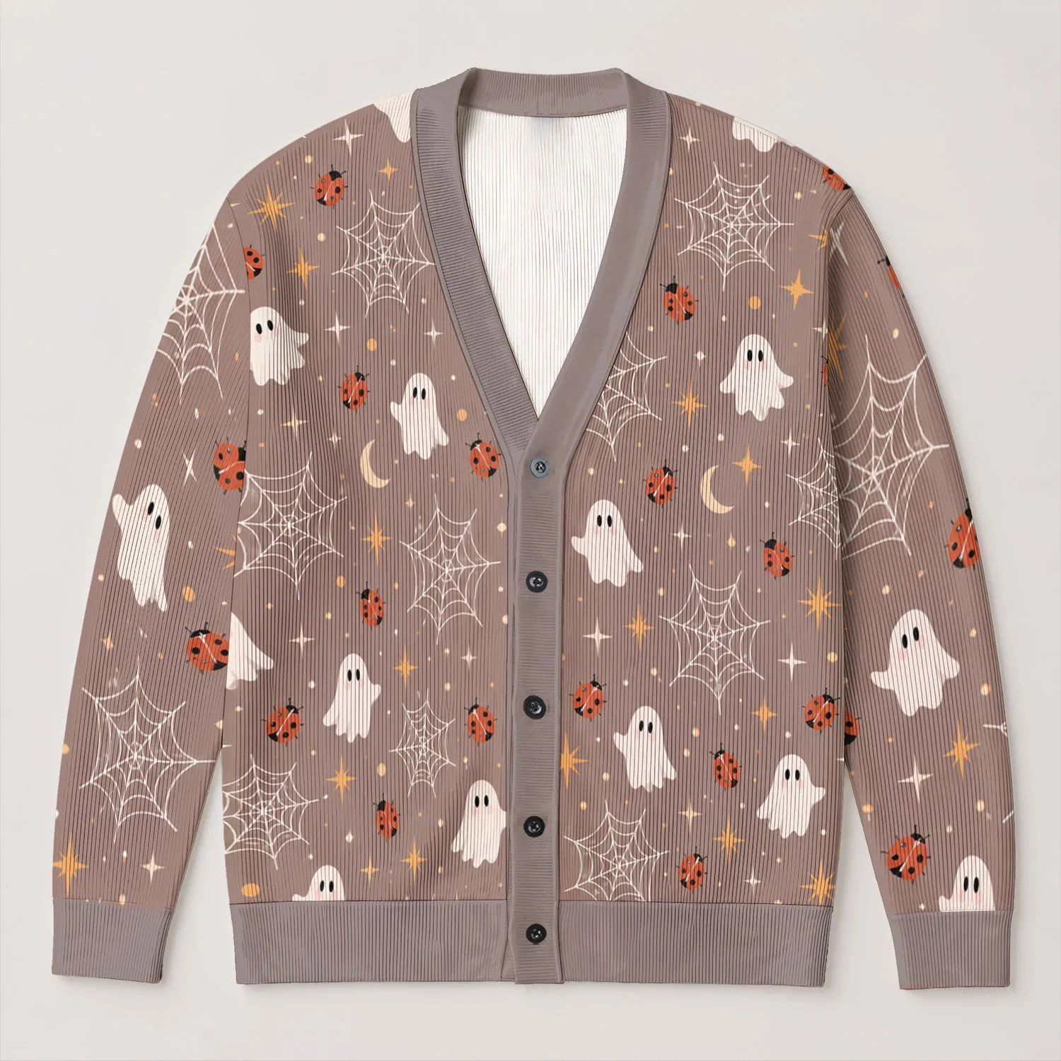 Halloween Ghosts, Spiderwebs And Ladybugs For Cozy Autumn Nights And Festive Layering All-over Print Knitted Cardigan - 1
