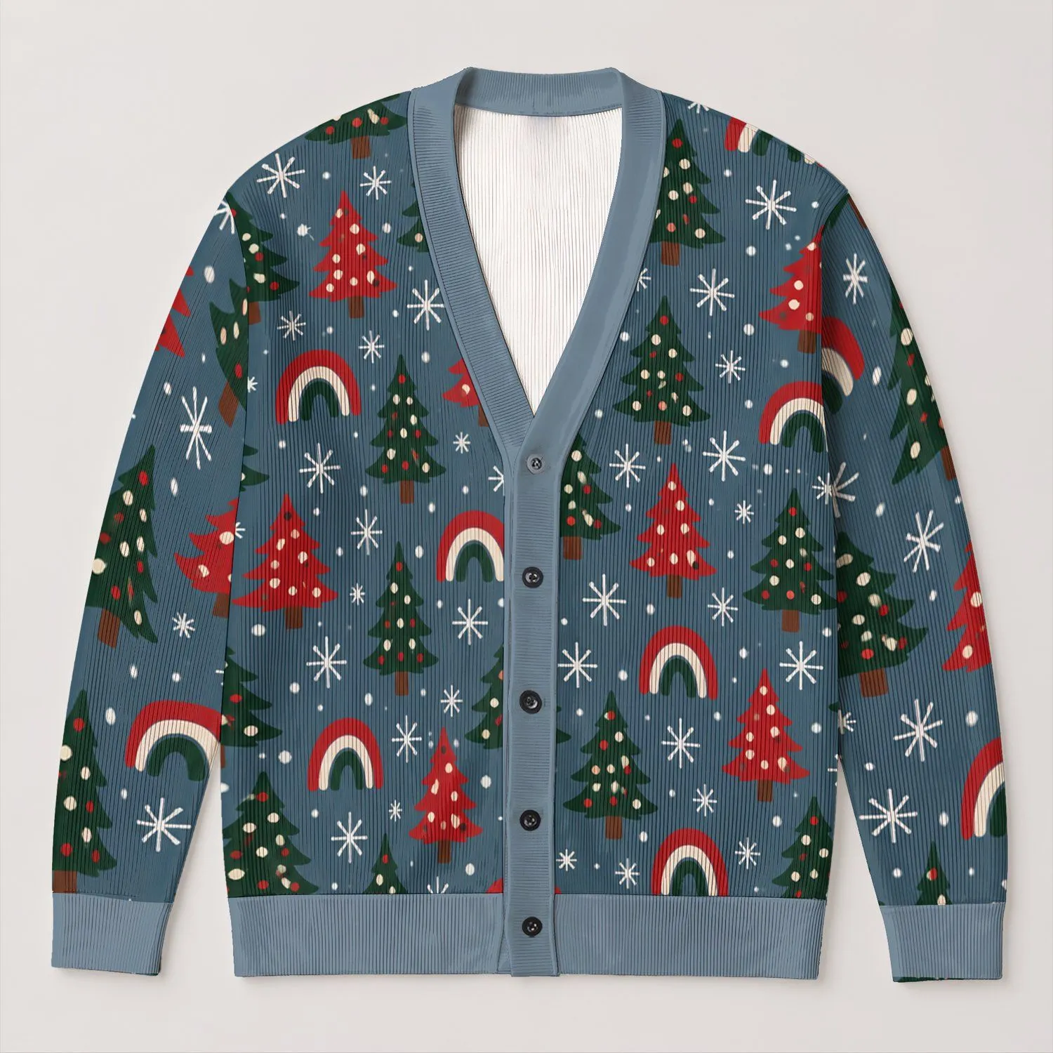 Red Green Evergreen Trees and Rainbows for Cozy Holiday Layering, Women's Winter Style All-over Print Knitted Cardigan - 1
