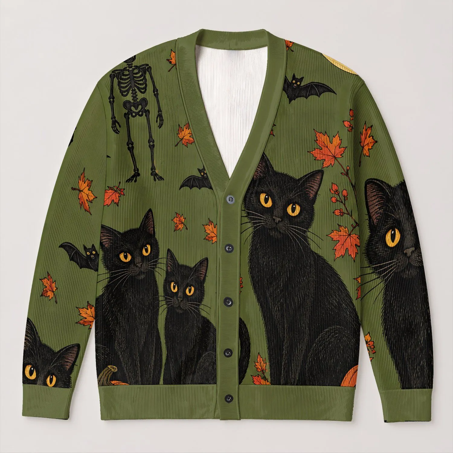 Halloween Black Cats, Pumpkins and Bats for Cozy October Nights and Autumn Outings All-over Print Knitted Cardigan - 1