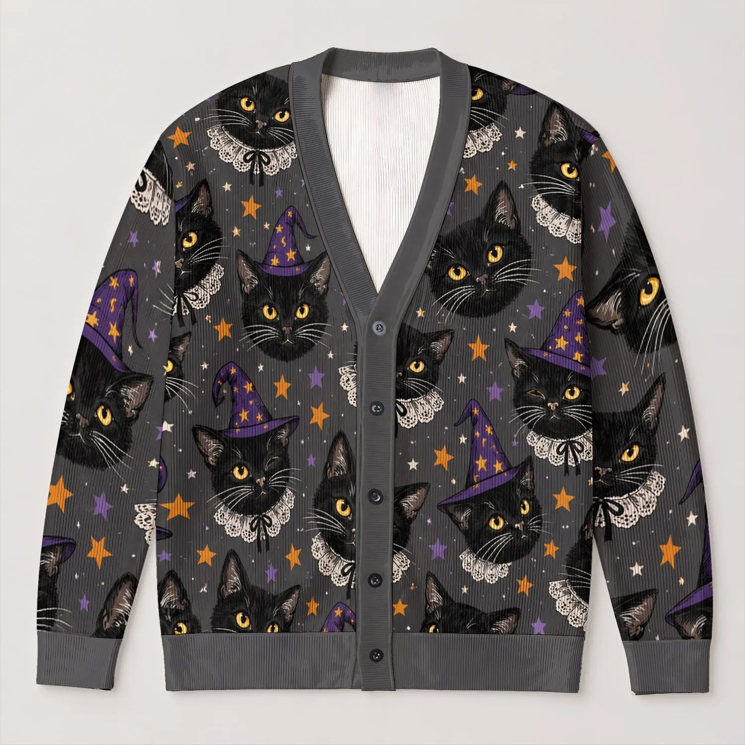Black Cat Witch Hats and Stars for Cozy Autumn Nights and Everyday Layering Style All-over Print Knitted Cardigan - 1