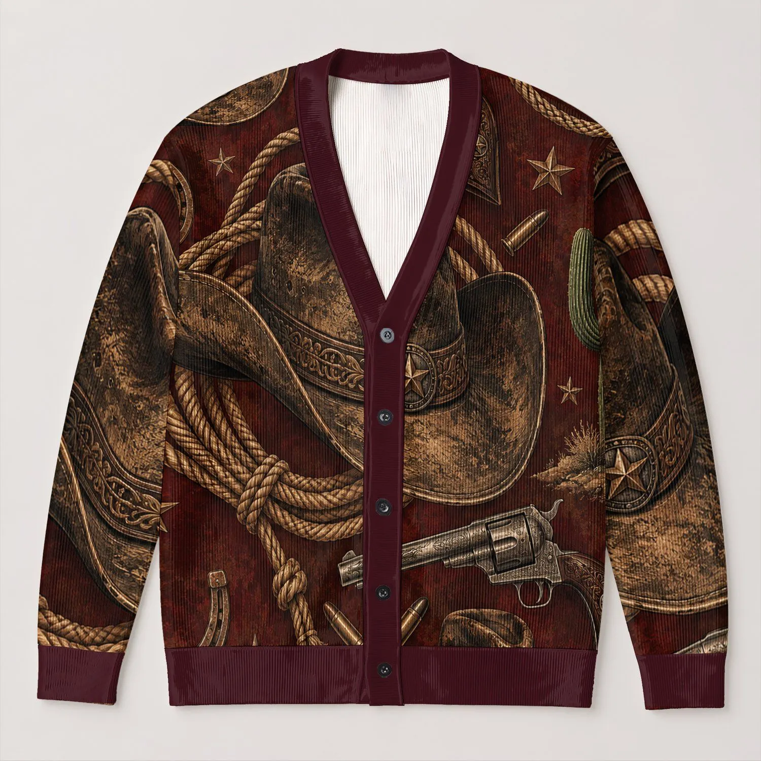 Cowboy Hat and Revolver Western Style for Autumn Nights and Casual Country Wear All-over Print Knitted Cardigan - 1