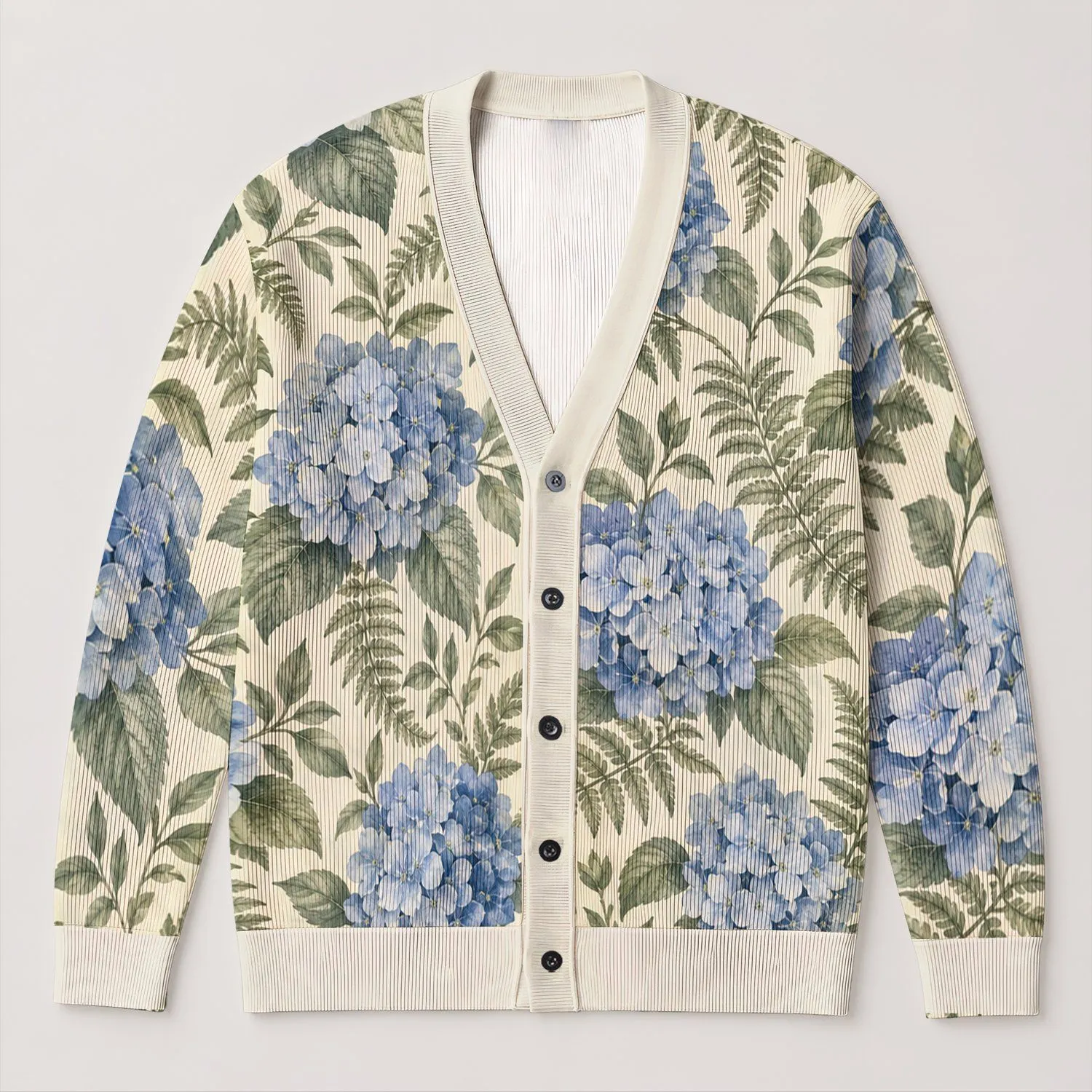 Blue Hydrangea And Ferns For Cozy Everyday Layering And Fall Outings All-over Print Knitted Cardigan - 1