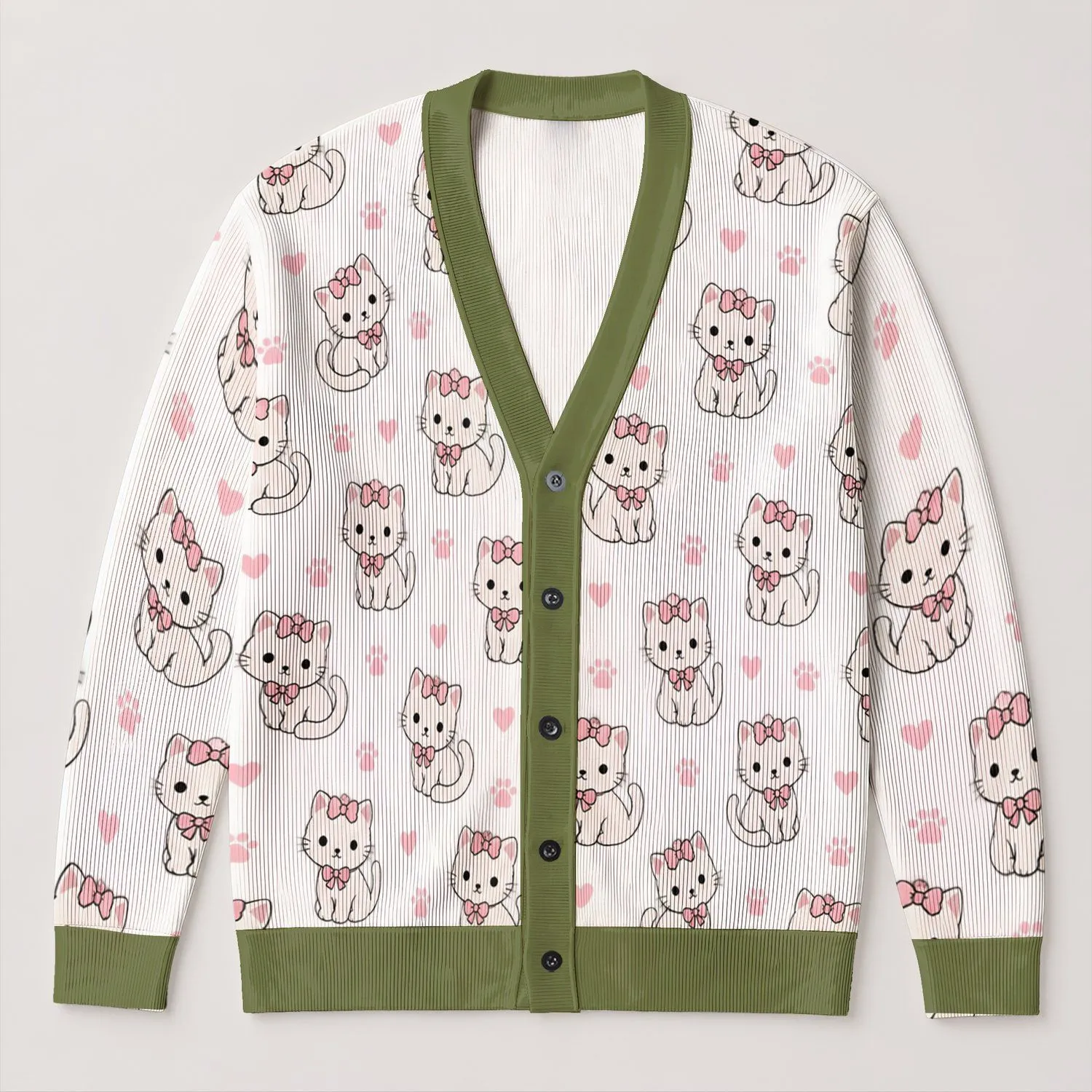 White Kittens With Pink Bows for Cozy Everyday Autumn Layering All-over Print Knitted Cardigan - 1