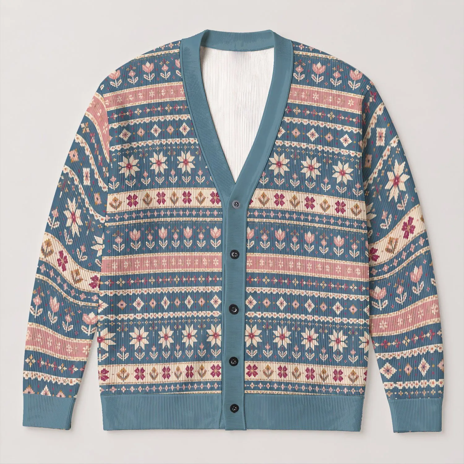 Pastel Fair Isle Geometric Stripes for Spring Outings and Everyday Layering All-over Print Knitted Cardigan - 1