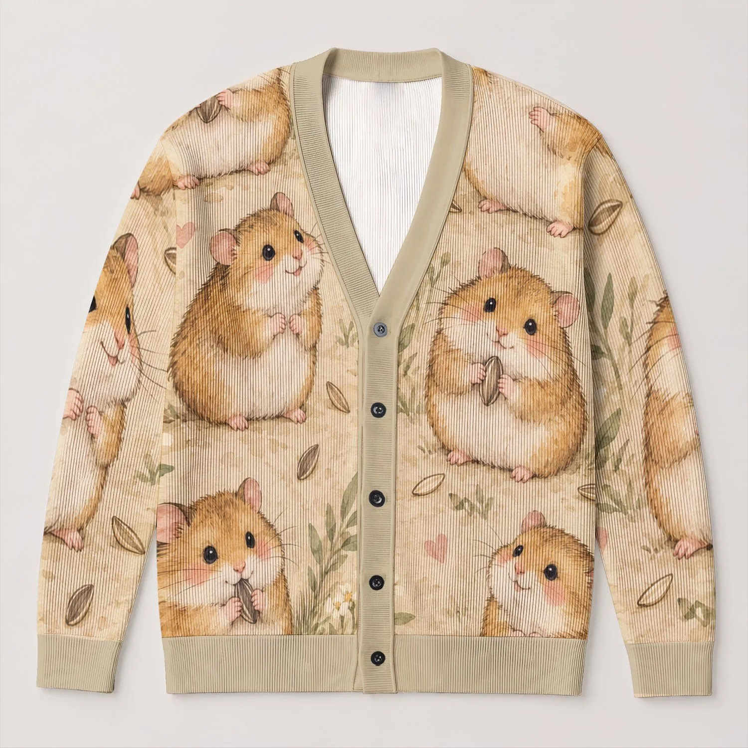 Cute Hamster Hearts for Cozy Autumn Layering, Whimsical Woodland Gift for Women All-over Print Knitted Cardigan - 1