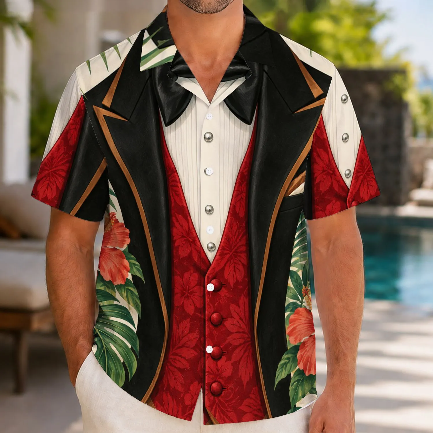 Tuxedo Waistcoat Tropical Elegance for Halloween Parties and Resort Getaways Hawaiian Shirt - 1
