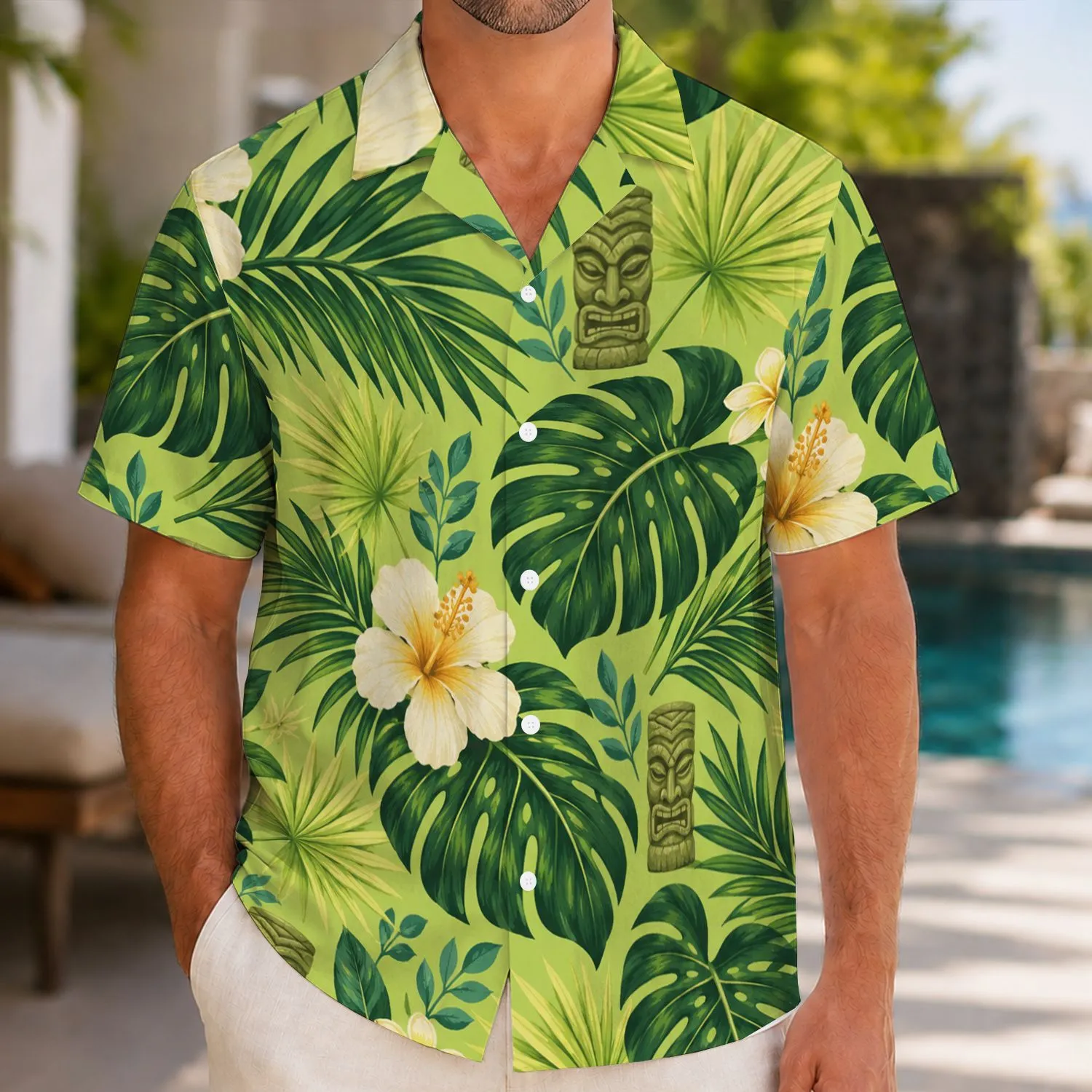 Tropical Foliage And Tiki Face Style For Island Getaways And Costume Parties Hawaiian Shirt - 1