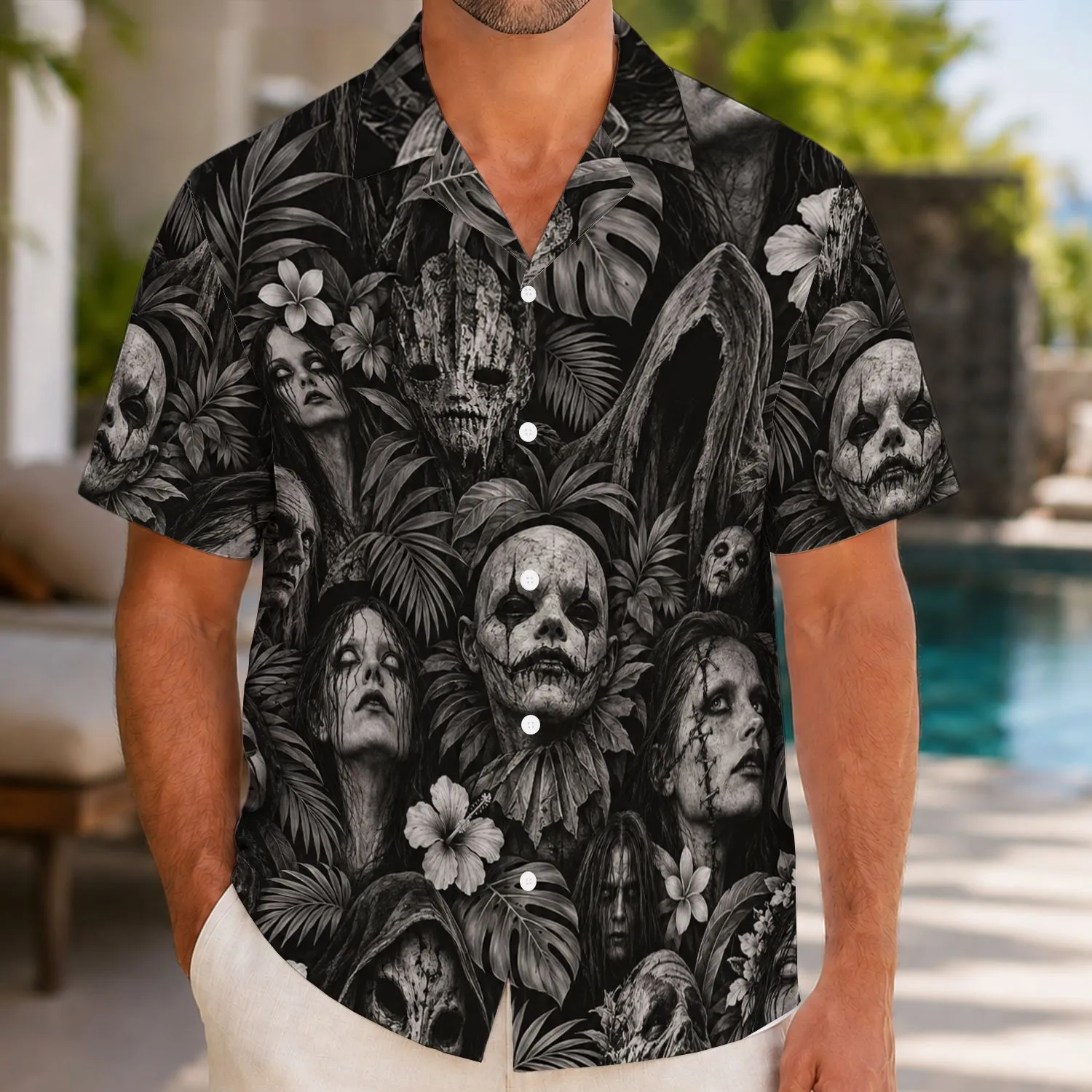 Monochrome Horror Mask Faces for Spooky Movie Nights and Halloween Weekend Lounging Hawaiian Shirt - 1