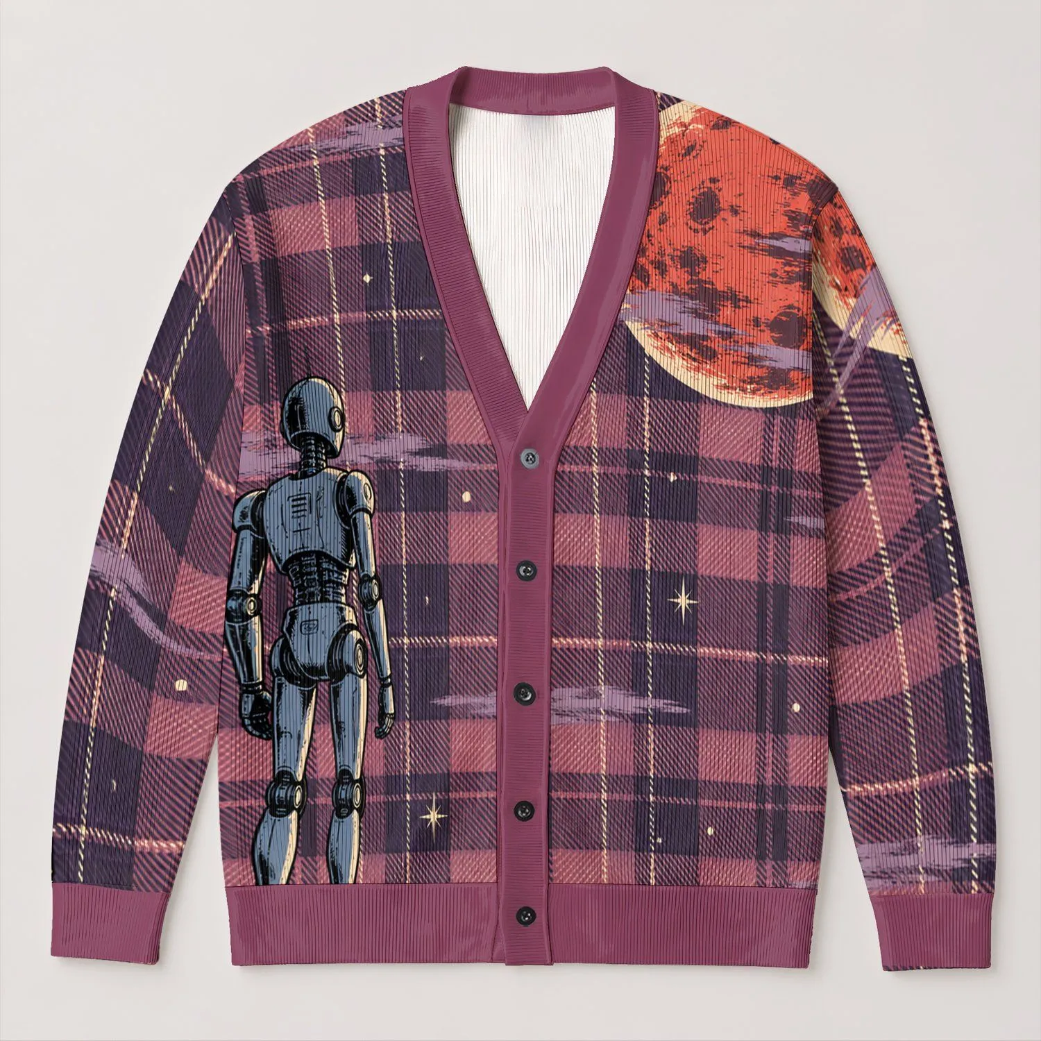 Retro Blue Robot Beneath Sanctuary Moon for Sci-Fi Fans and Everyday Autumn Layering All-over Print Knitted Cardigan - 1