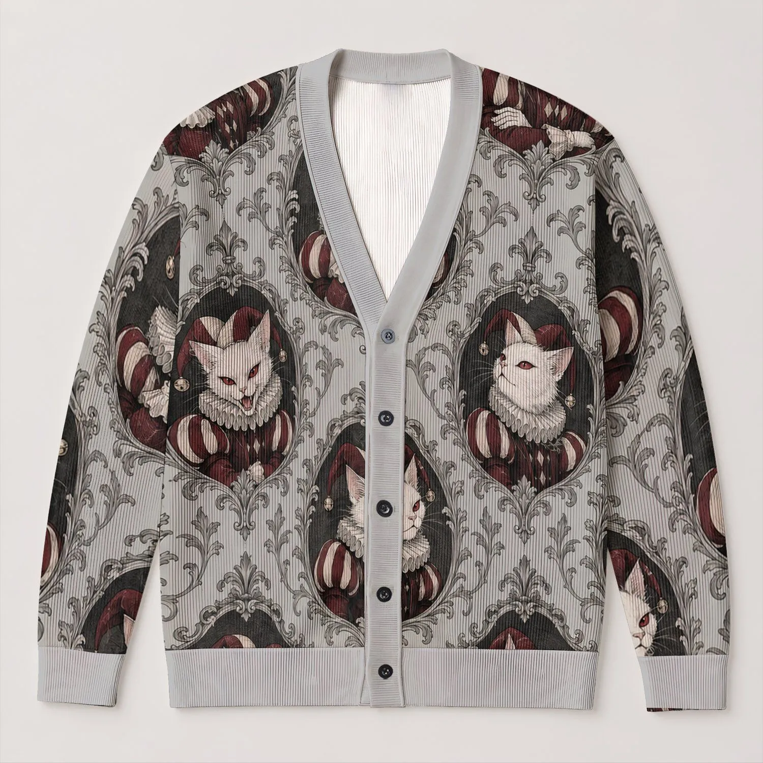Gothic Cat Jester Cameos for Halloween Season and Everyday Dark Academia Style All-over Print Knitted Cardigan - 1