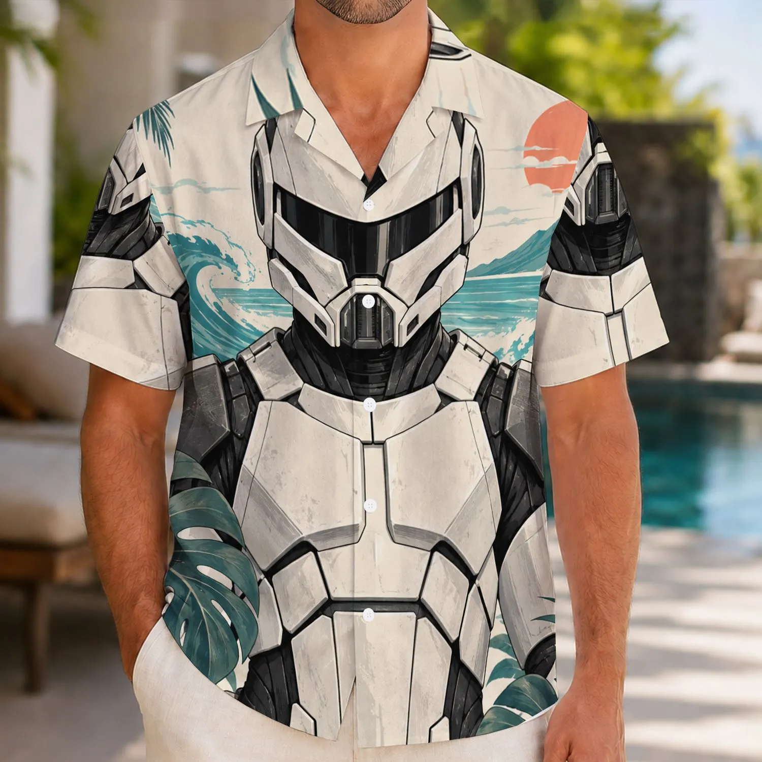 White Sci-Fi Trooper Helmet And Armor For Cosplay Fans On Tropical Island Getaways Hawaiian Shirt - 1