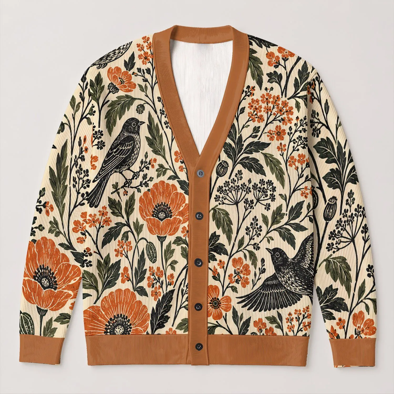 Orange Wildflower Birds for Autumn Nature Walks and Everyday Layering for Teens All-over Print Knitted Cardigan - 1