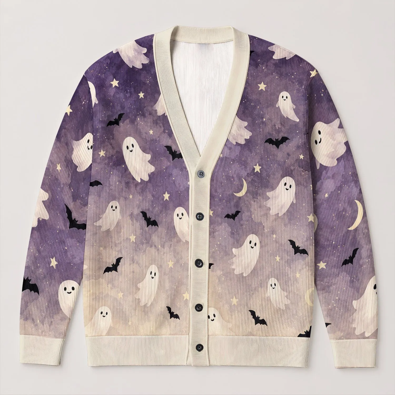 Cute Halloween Ghosts And Bats For Cozy Autumn Nights And Festive Seasonal Outings All-over Print Knitted Cardigan - 1