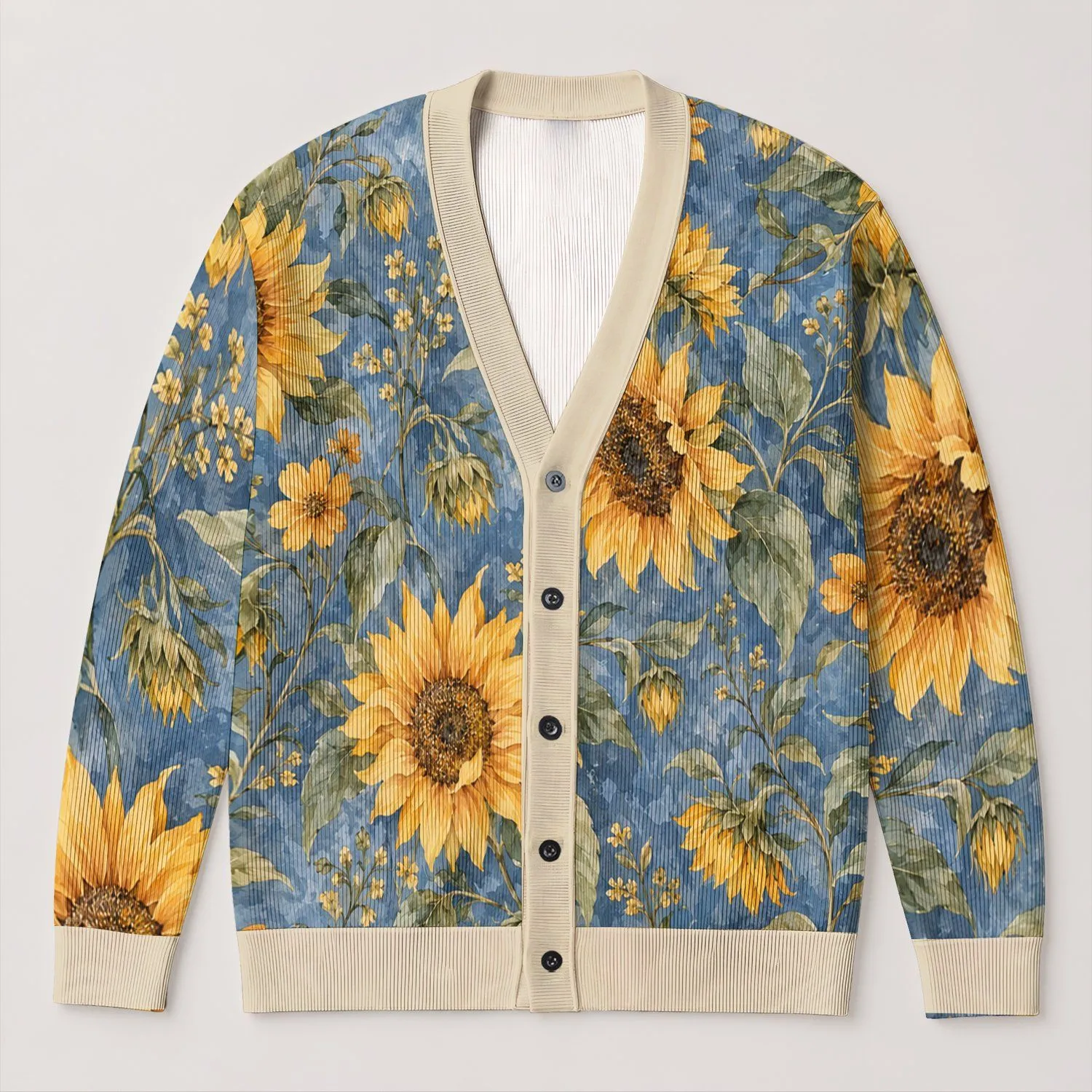 Watercolor Sunflower Meadow Blooms for Cozy Autumn Days and Casual Layering for Her All-over Print Knitted Cardigan - 1