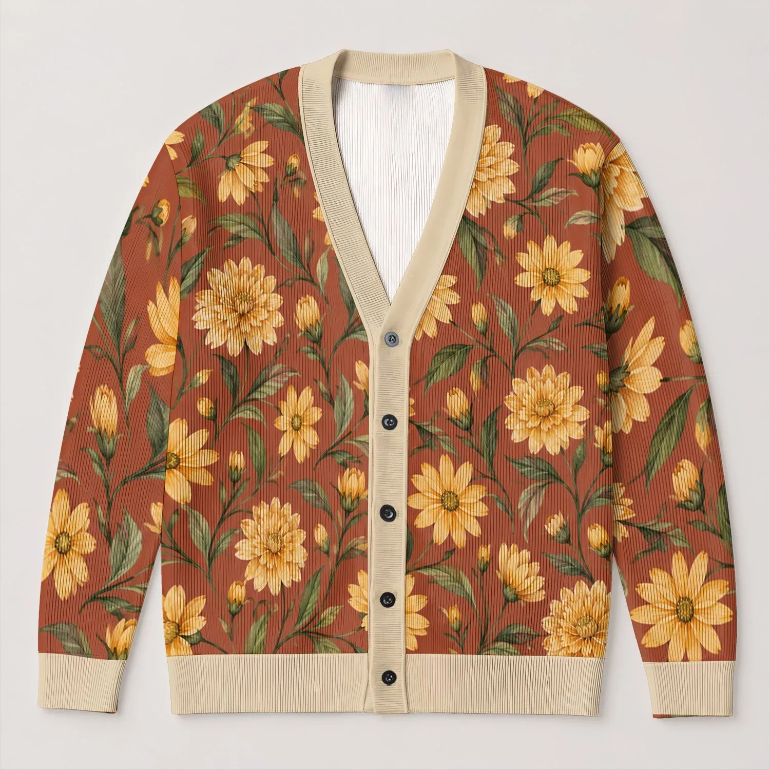 Vintage Yellow Daisy and Chrysanthemum Florals for Cozy Autumn Layering All-over Print Knitted Cardigan - 1