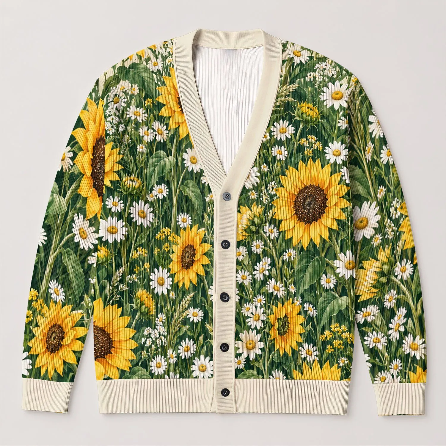 Golden Sunflowers and White Daisies for Cheerful Fall Days and Garden Lovers All-over Print Knitted Cardigan - 1