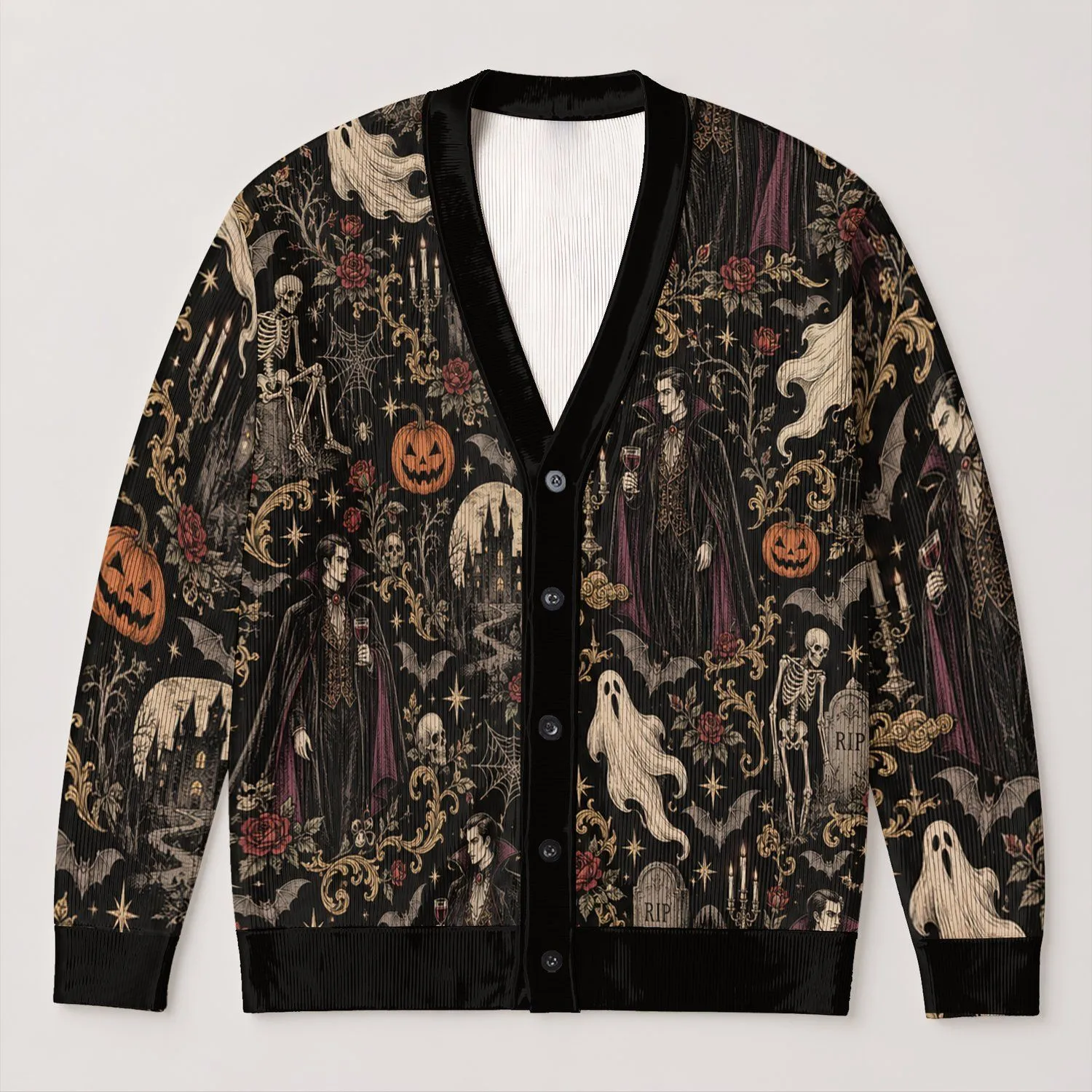 Gothic Vampires, Skeletons and Ghosts for Halloween Parties and Spooky Autumn Nights All-over Print Knitted Cardigan - 1