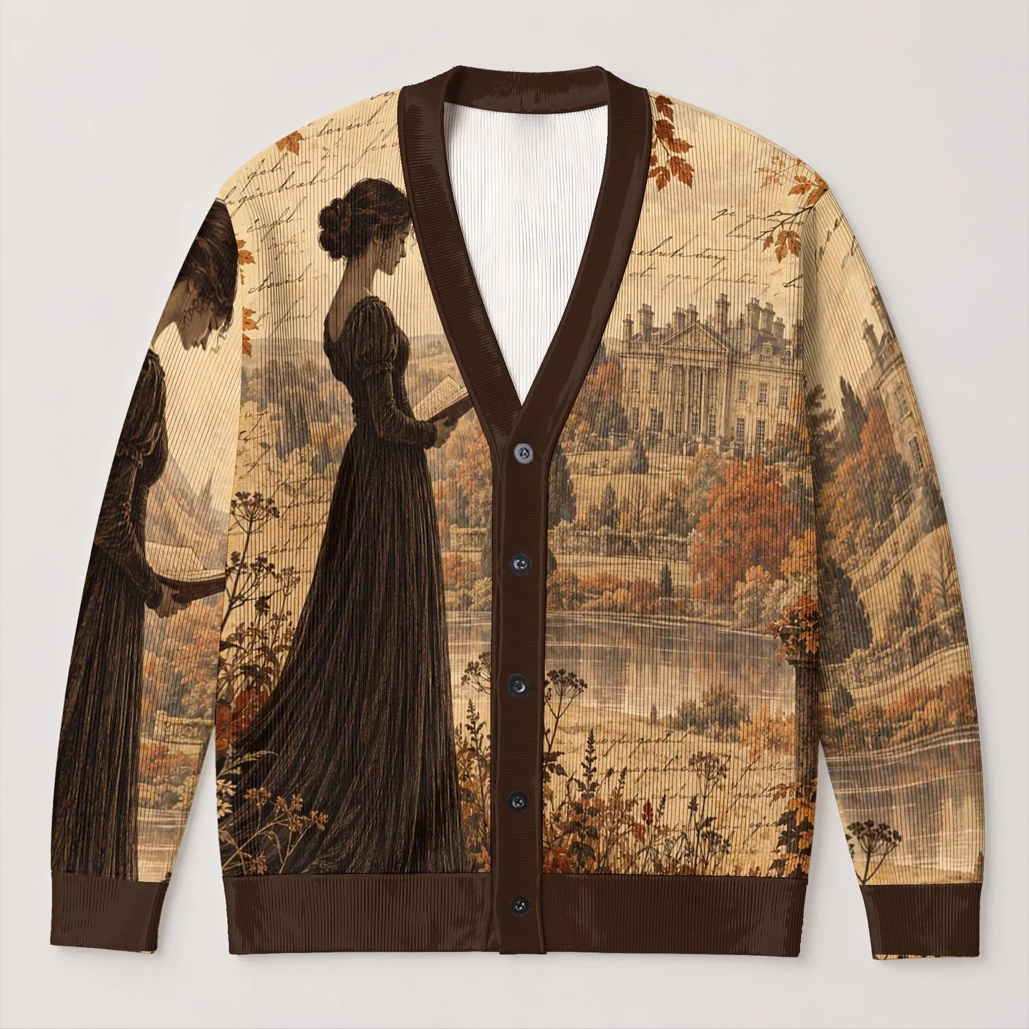 Regency Reading Lady and Autumn Manor for Literary Fall Days and Book Lovers All-over Print Knitted Cardigan - 1