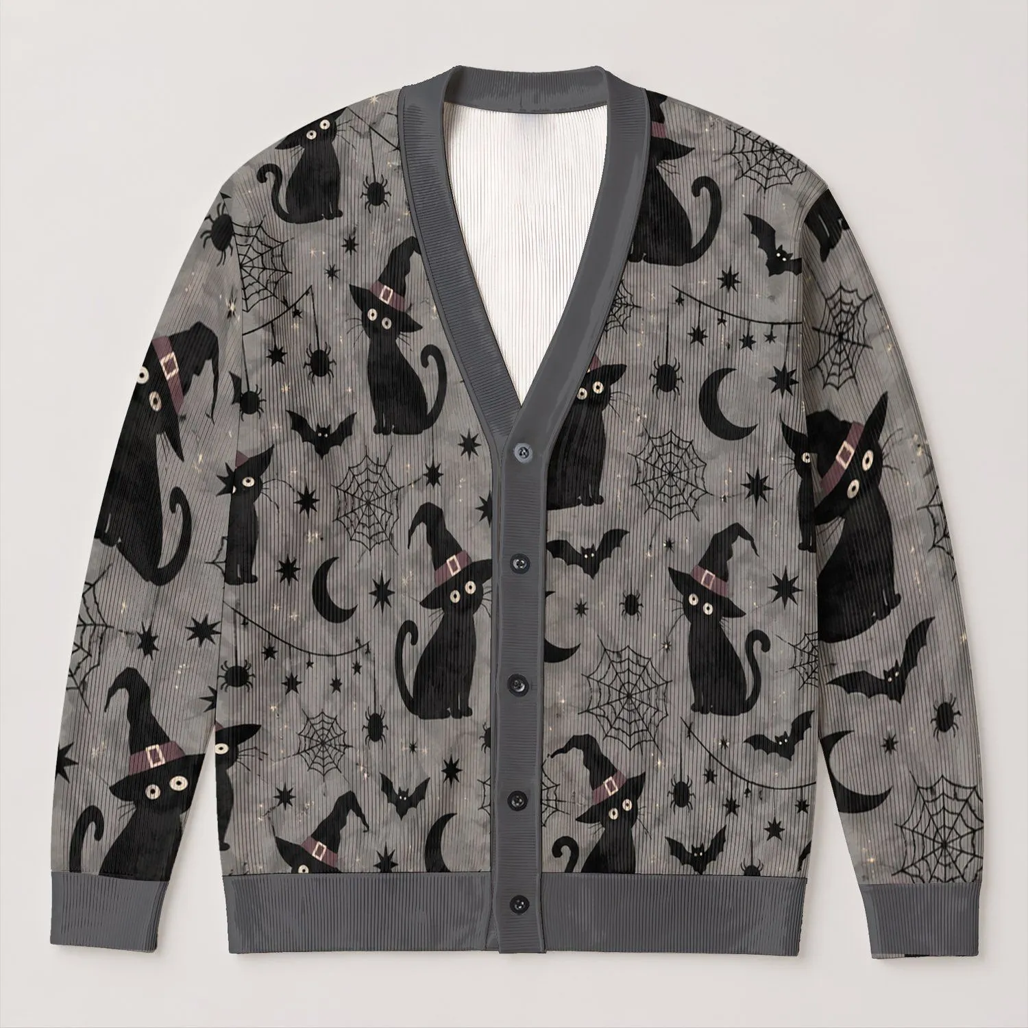 Black Cat Witch and Spider Web Halloween Magic for Spooky Autumn Nights and Parties All-over Print Knitted Cardigan - 1