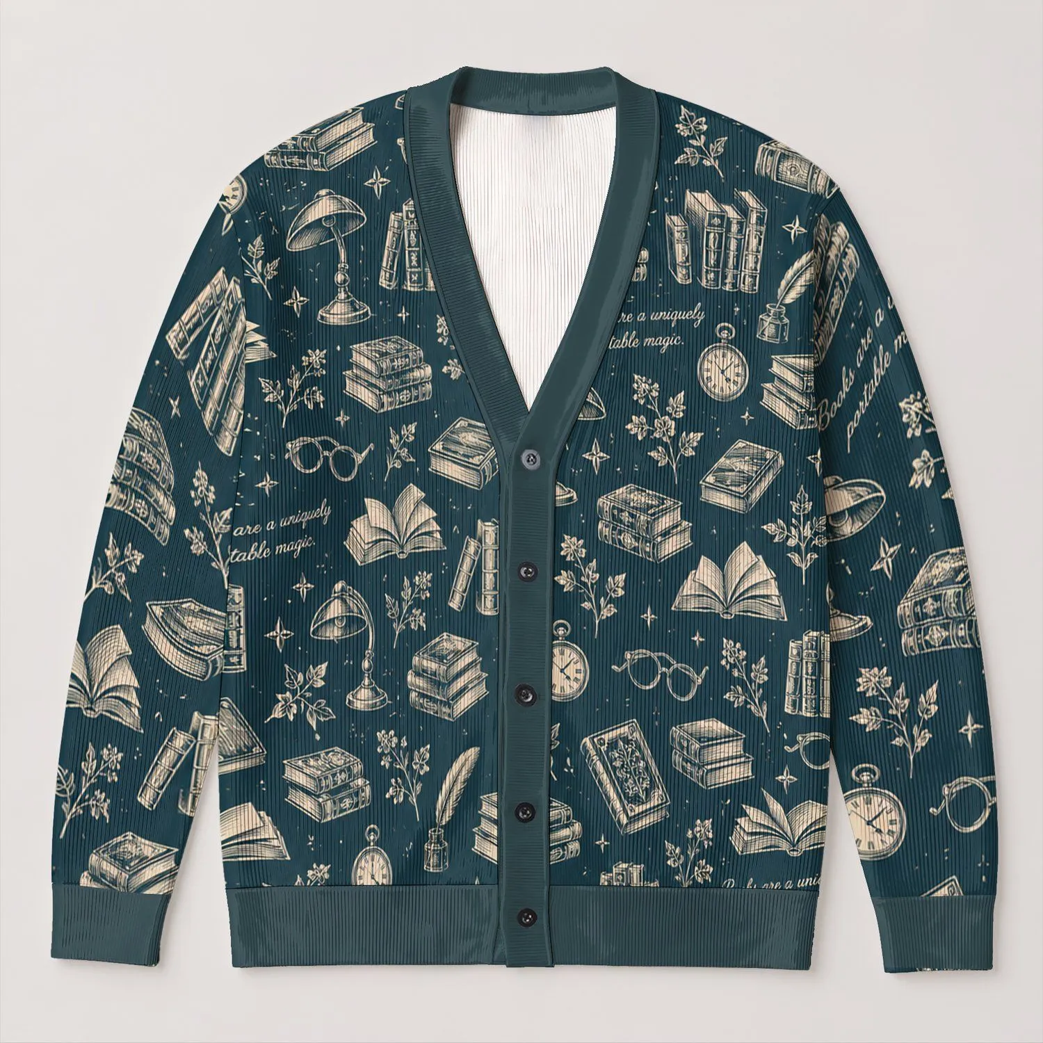 Vintage Book Lover Motifs for Back to School Reading and Study, Teen Students All-over Print Knitted Cardigan - 1