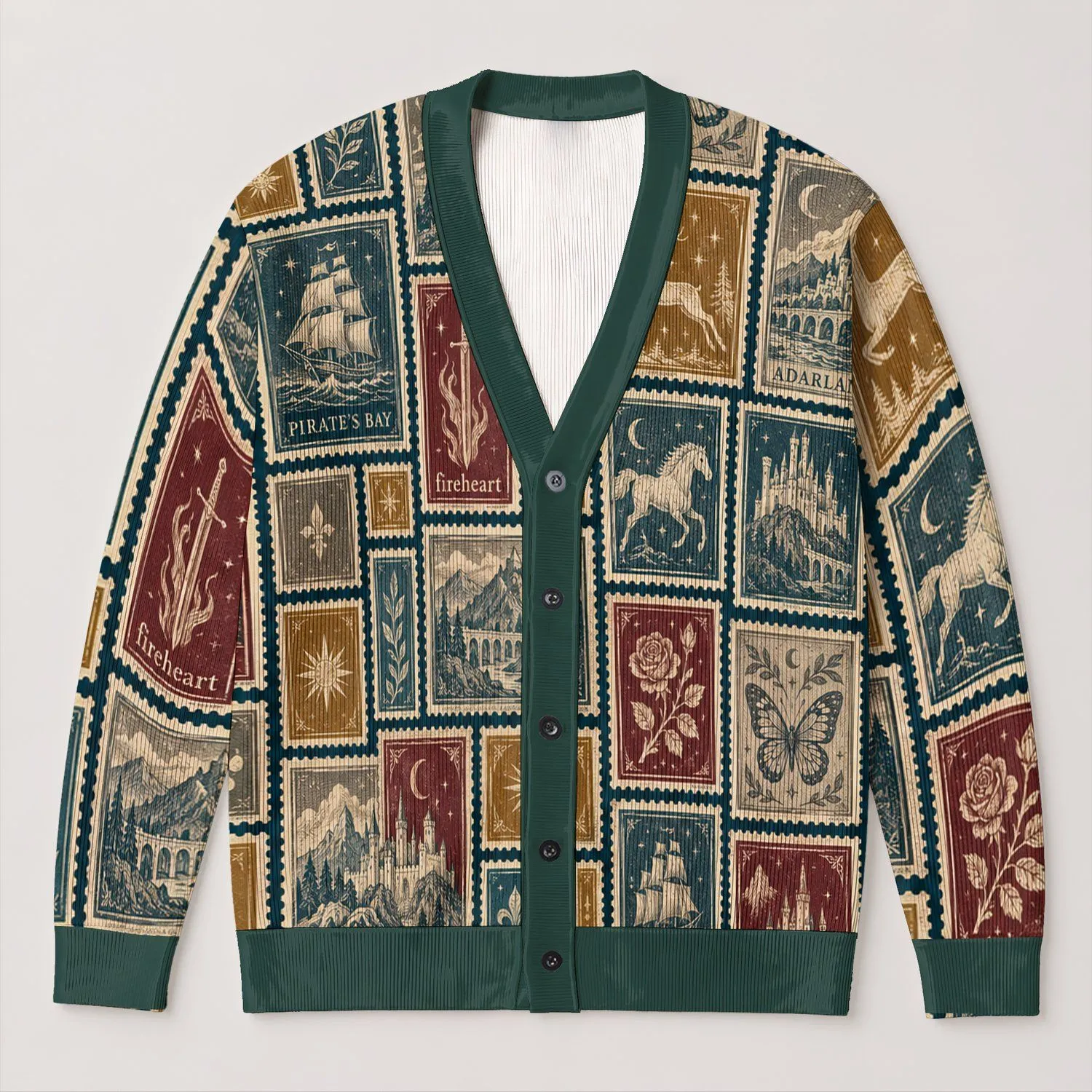 Fantasy Postage Stamps with Dragons and Castles for Cozy Autumn Layering Teens All-over Print Knitted Cardigan - 1